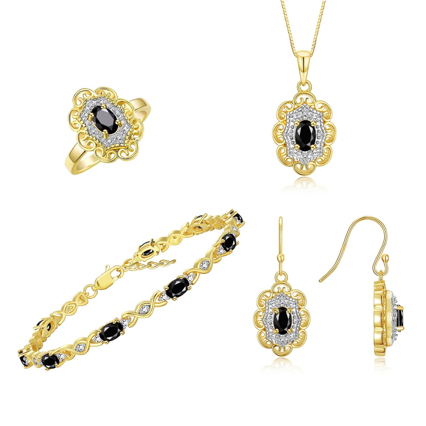 RYLOS Matching Jewelry Set Floral Design: Yellow Gold Plated Silver Tennis Bracelet, Earrings, Ring & Necklace. Gemstone & Diamonds, 7"-8" Adjustable Wrist, 18" Chain, 4-Pieces Matched, Birthstone Ring Size 5-10