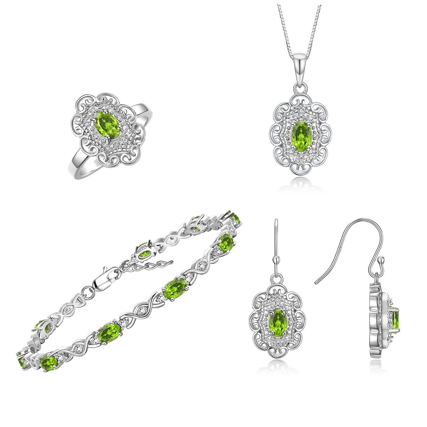RYLOS Matching Jewelry Set Floral Design: Sterling Silver Tennis Bracelet, Earrings, Ring & Necklace. Gemstone & Diamonds, 7 inch-8 inch Adjustable Wrist, 18 inch Chain, 4-Pieces Matched, Birthstone Ring Size 8-10