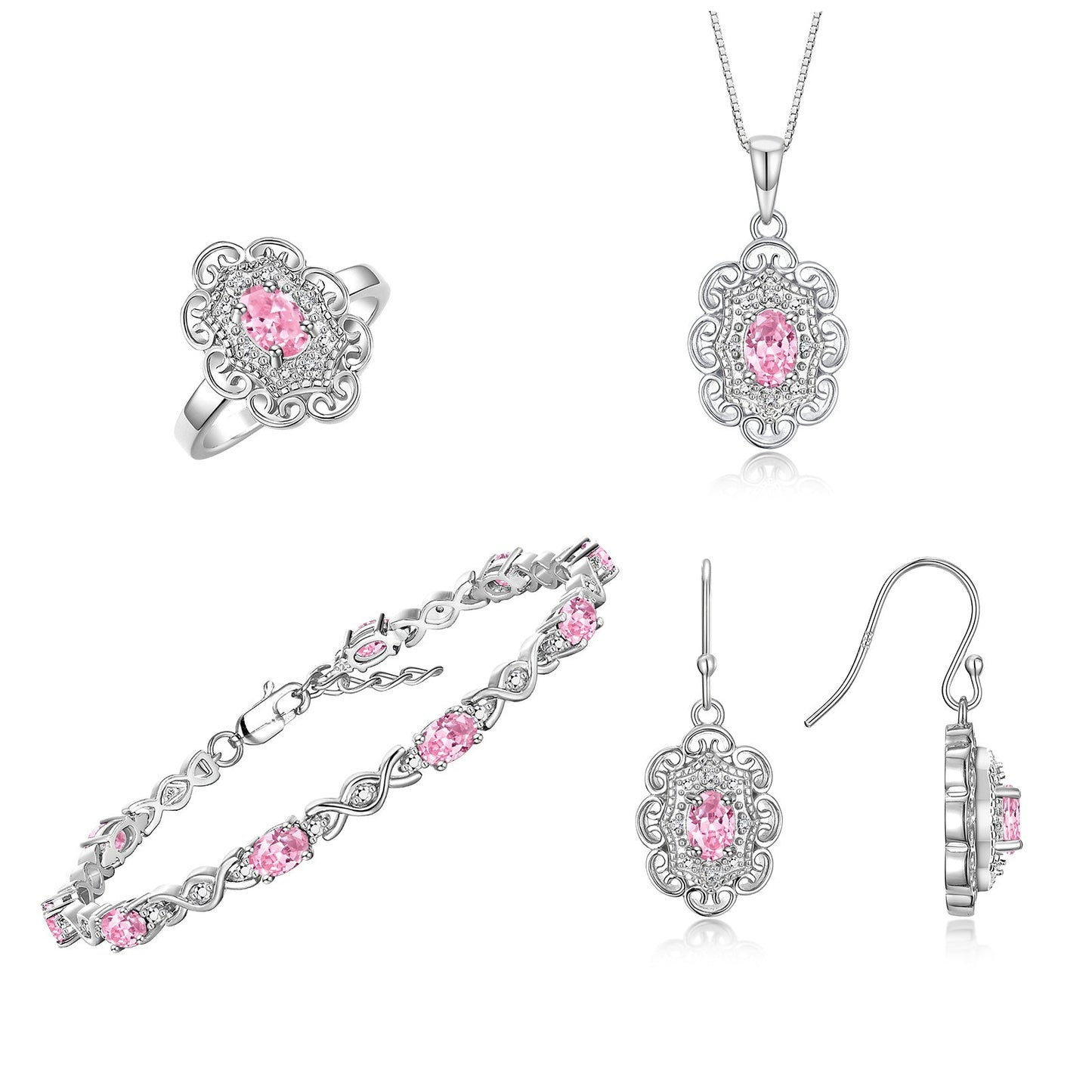 RYLOS Matching Jewelry Set Floral Design: Sterling Silver Tennis Bracelet, Earrings, Ring & Necklace. Gemstone & Diamonds, 7 inch-8 inch Adjustable Wrist, 18 inch Chain, 4-Pieces Matched, Birthstone Ring Size 8-10