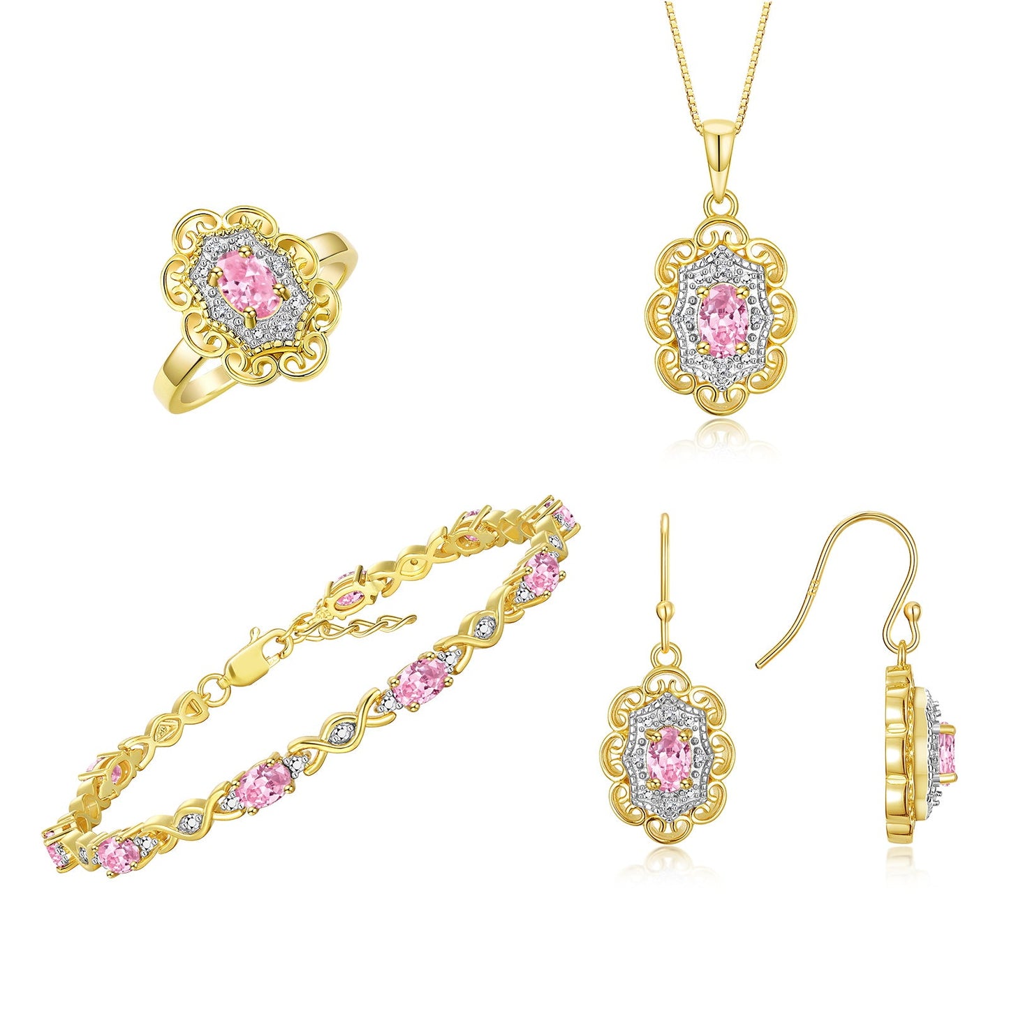 RYLOS Matching Jewelry Set Floral Design: Yellow Gold Plated Silver Tennis Bracelet, Earrings, Ring & Necklace. Gemstone & Diamonds, 7"-8" Adjustable Wrist, 18" Chain, 4-Pieces Matched, Birthstone Ring Size 5-10