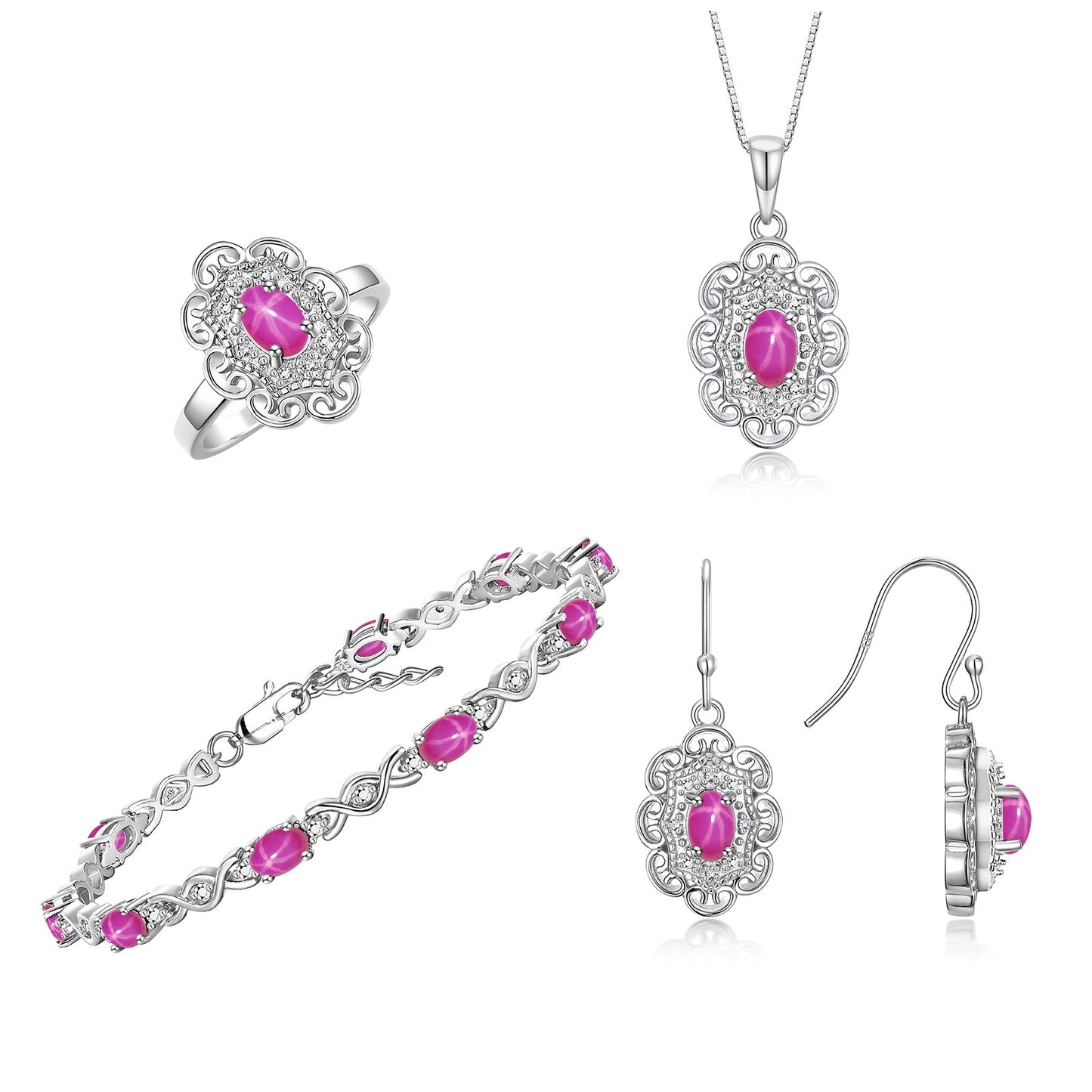 RYLOS Matching Jewelry Set Floral Design: Sterling Silver Tennis Bracelet, Earrings, Ring & Necklace. Gemstone & Diamonds, 7 inch-8 inch Adjustable Wrist, 18 inch Chain, 4-Pieces Matched, Birthstone Ring Size 8-10