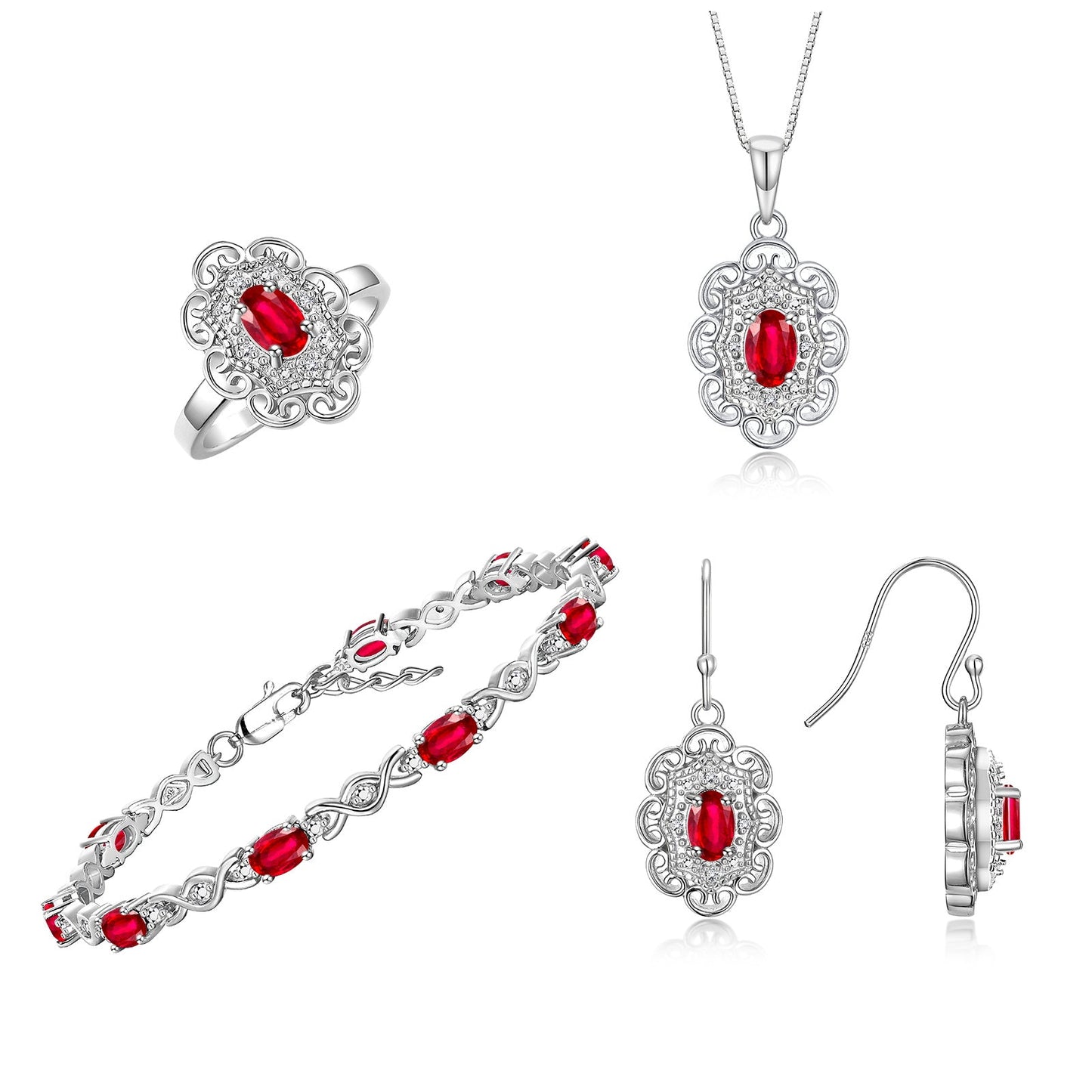 RYLOS Matching Jewelry Set Floral Design: Sterling Silver Tennis Bracelet, Earrings, Ring & Necklace. Gemstone & Diamonds, 7 inch-8 inch Adjustable Wrist, 18 inch Chain, 4-Pieces Matched, Birthstone Ring Size 8-10