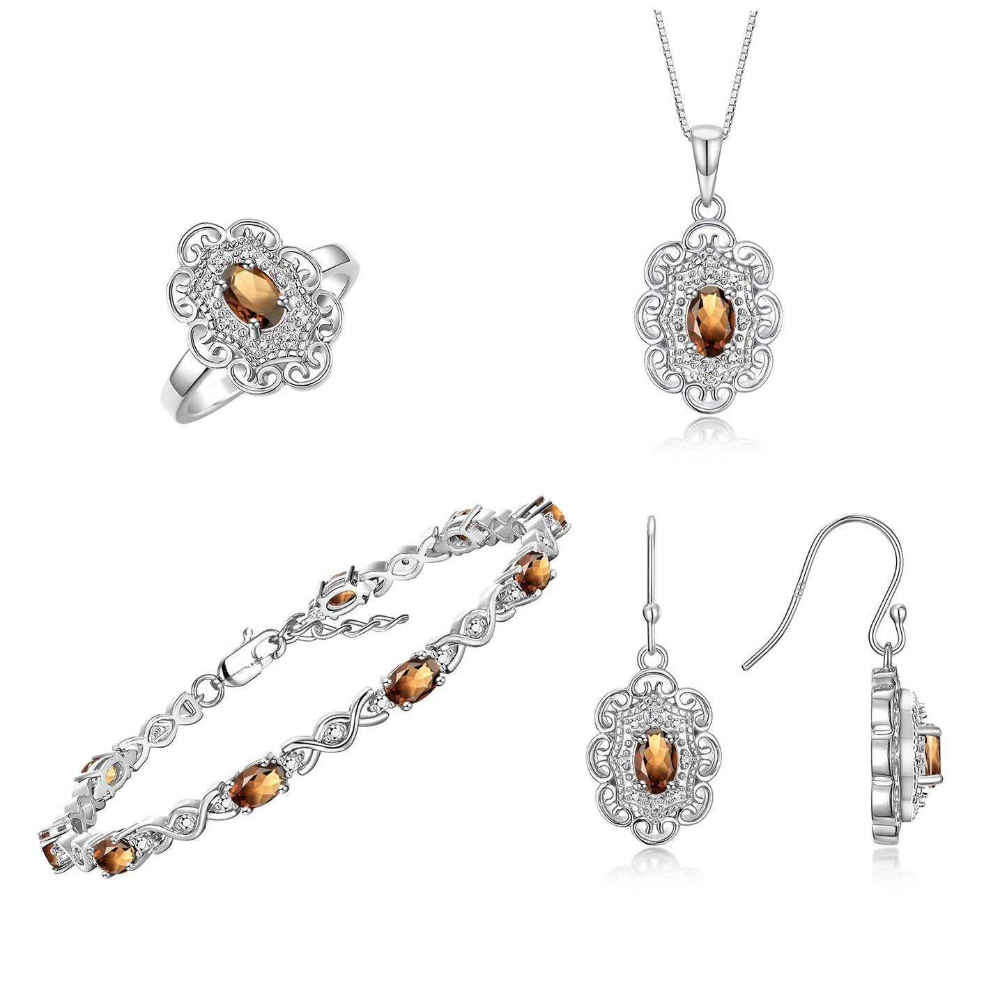 RYLOS Matching Jewelry Set Floral Design: Sterling Silver Tennis Bracelet, Earrings, Ring & Necklace. Gemstone & Diamonds, 7 inch-8 inch Adjustable Wrist, 18 inch Chain, 4-Pieces Matched, Birthstone Ring Size 8-10