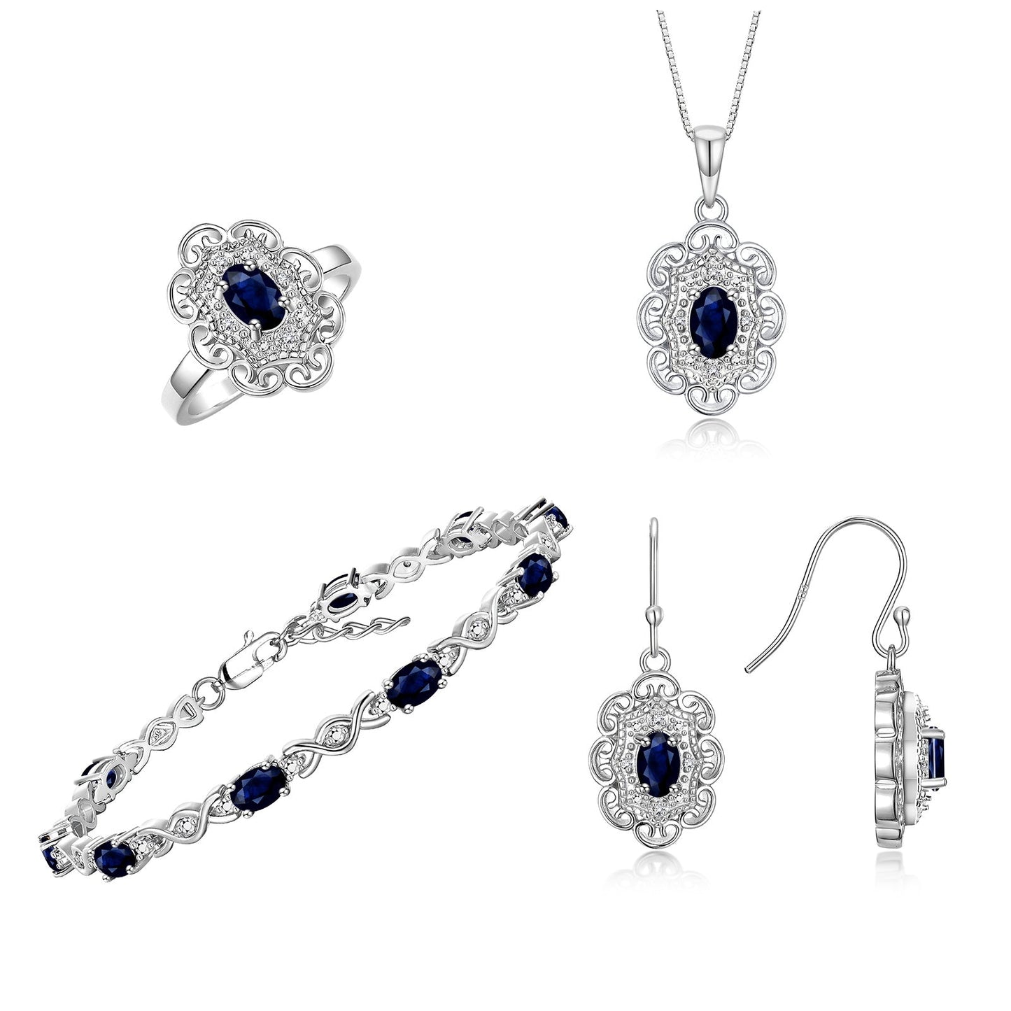 RYLOS Matching Jewelry Set Floral Design: Sterling Silver Tennis Bracelet, Earrings, Ring & Necklace. Gemstone & Diamonds, 7 inch-8 inch Adjustable Wrist, 18 inch Chain, 4-Pieces Matched, Birthstone Ring Size 8-10