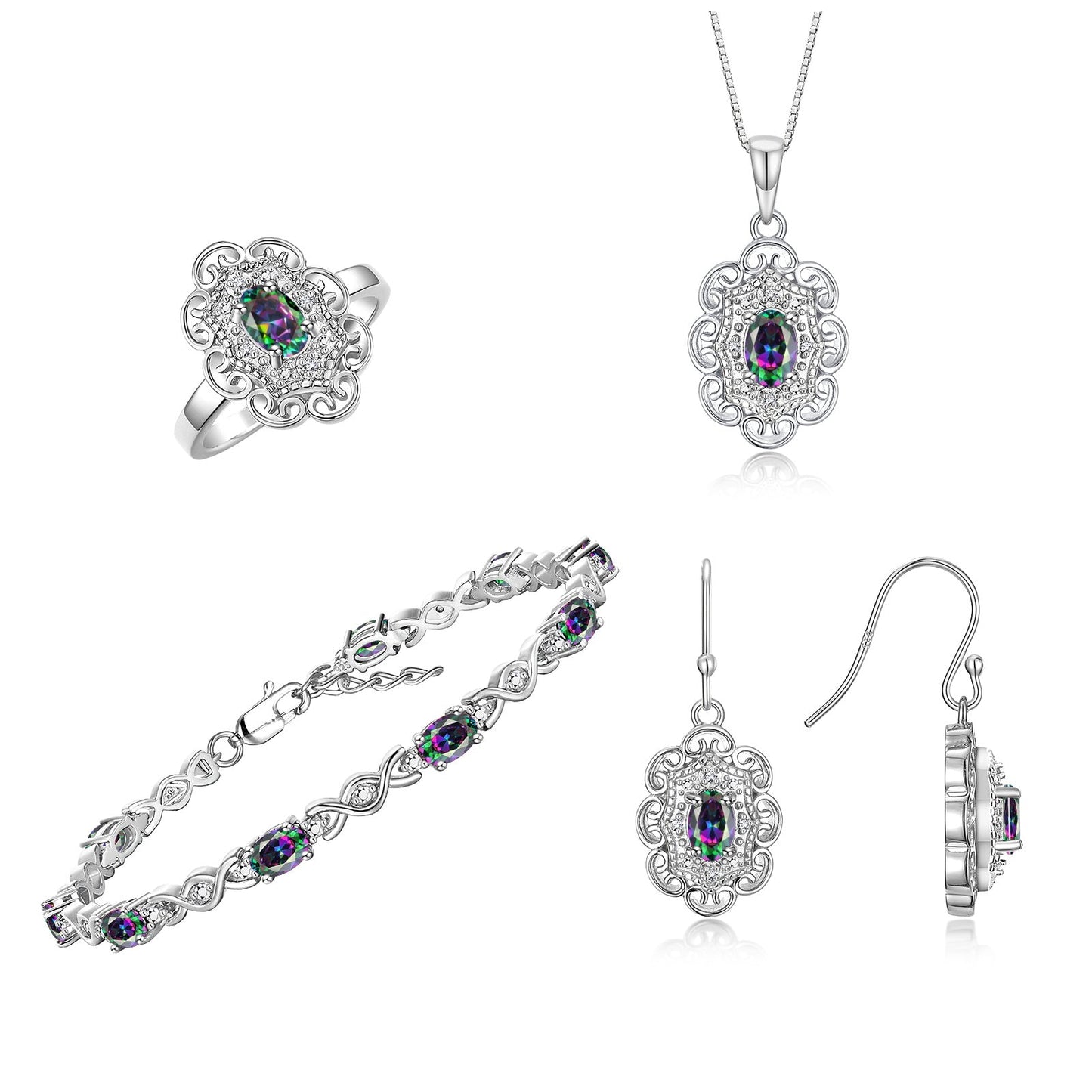 RYLOS Matching Jewelry Set Floral Design: Sterling Silver Tennis Bracelet, Earrings, Ring & Necklace. Gemstone & Diamonds, 7 inch-8 inch Adjustable Wrist, 18 inch Chain, 4-Pieces Matched, Birthstone Ring Size 8-10