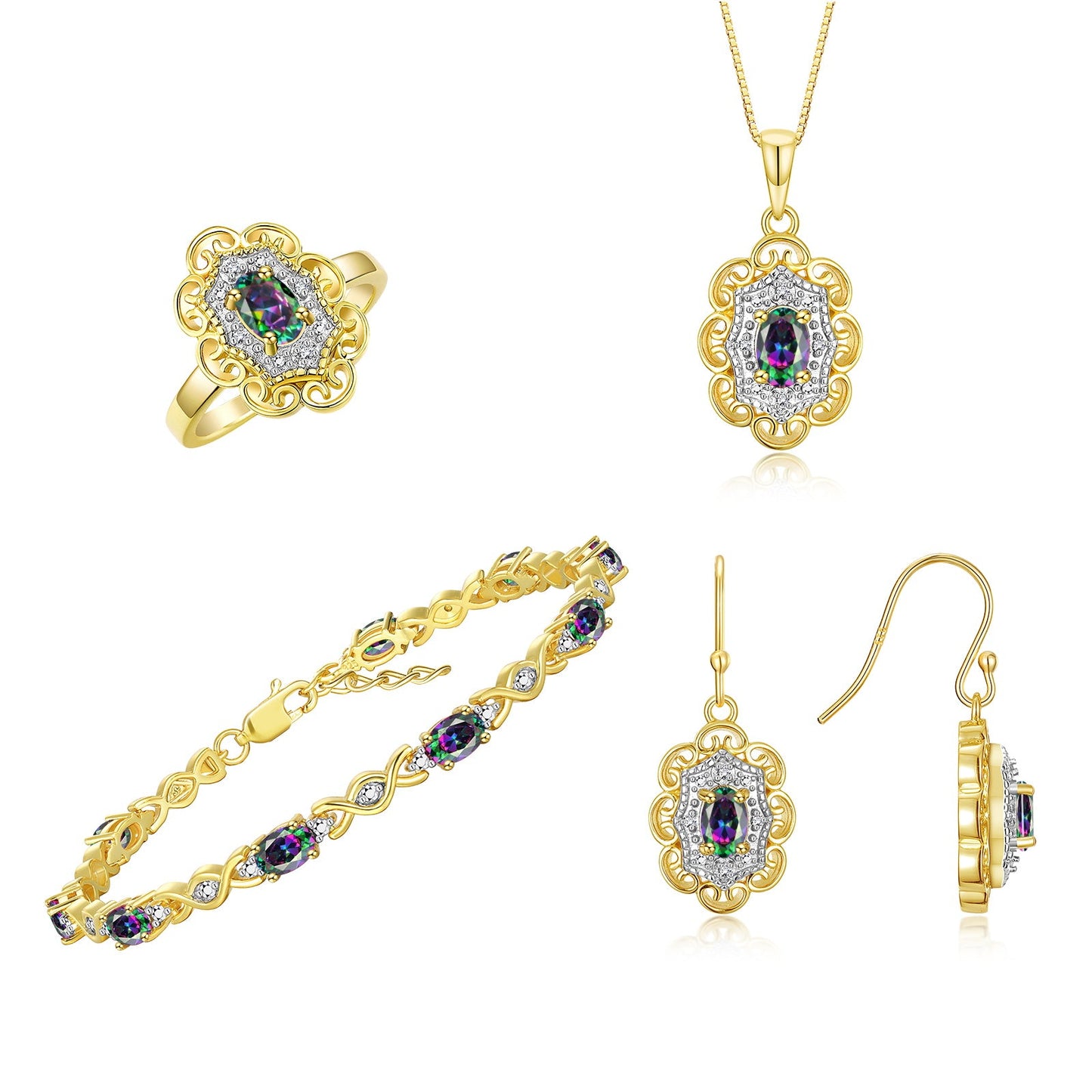 RYLOS Matching Jewelry Set Floral Design: Yellow Gold Plated Silver Tennis Bracelet, Earrings, Ring & Necklace. Gemstone & Diamonds, 7"-8" Adjustable Wrist, 18" Chain, 4-Pieces Matched, Birthstone Ring Size 5-10