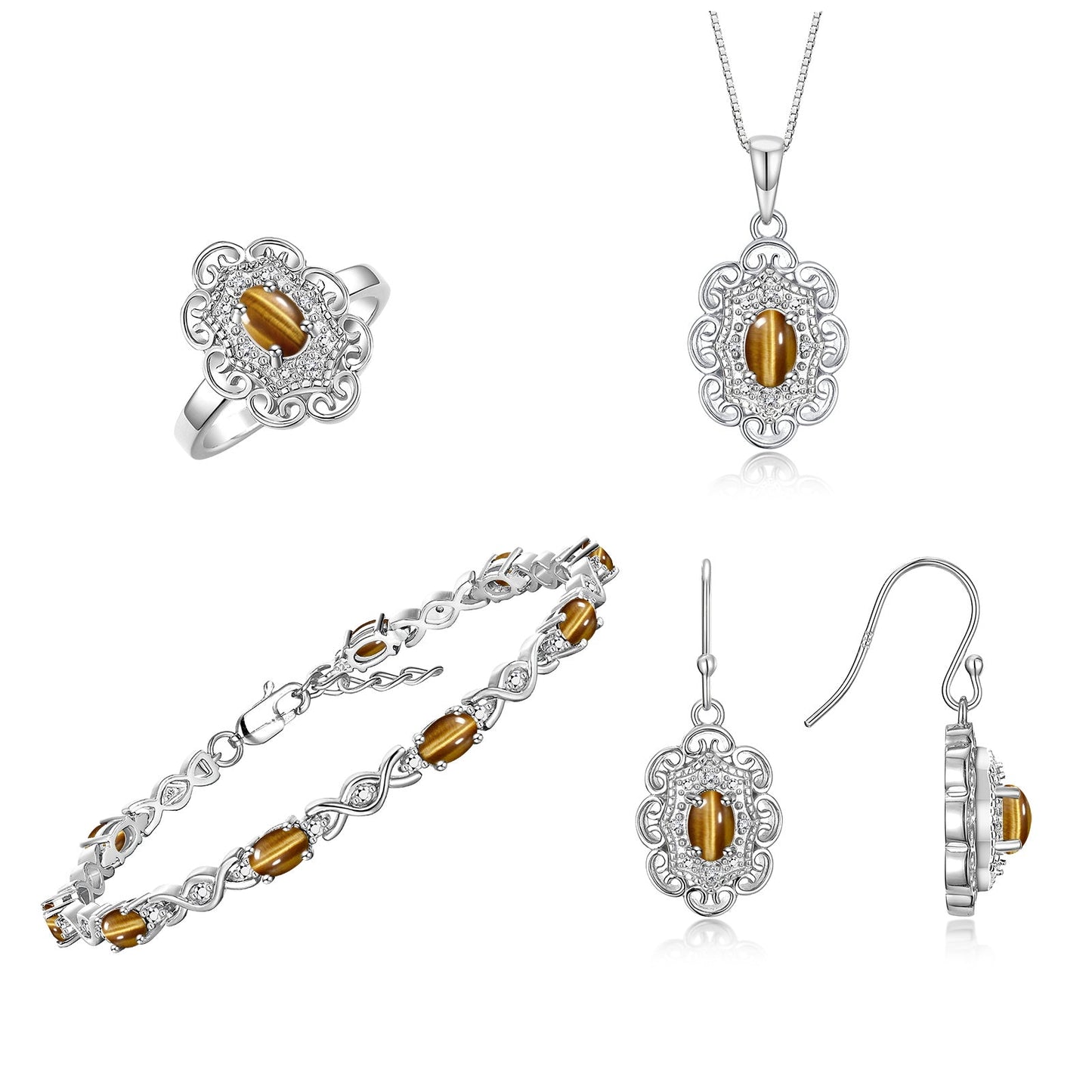 RYLOS Matching Jewelry Set Floral Design: Sterling Silver Tennis Bracelet, Earrings, Ring & Necklace. Gemstone & Diamonds, 7 inch-8 inch Adjustable Wrist, 18 inch Chain, 4-Pieces Matched, Birthstone Ring Size 8-10