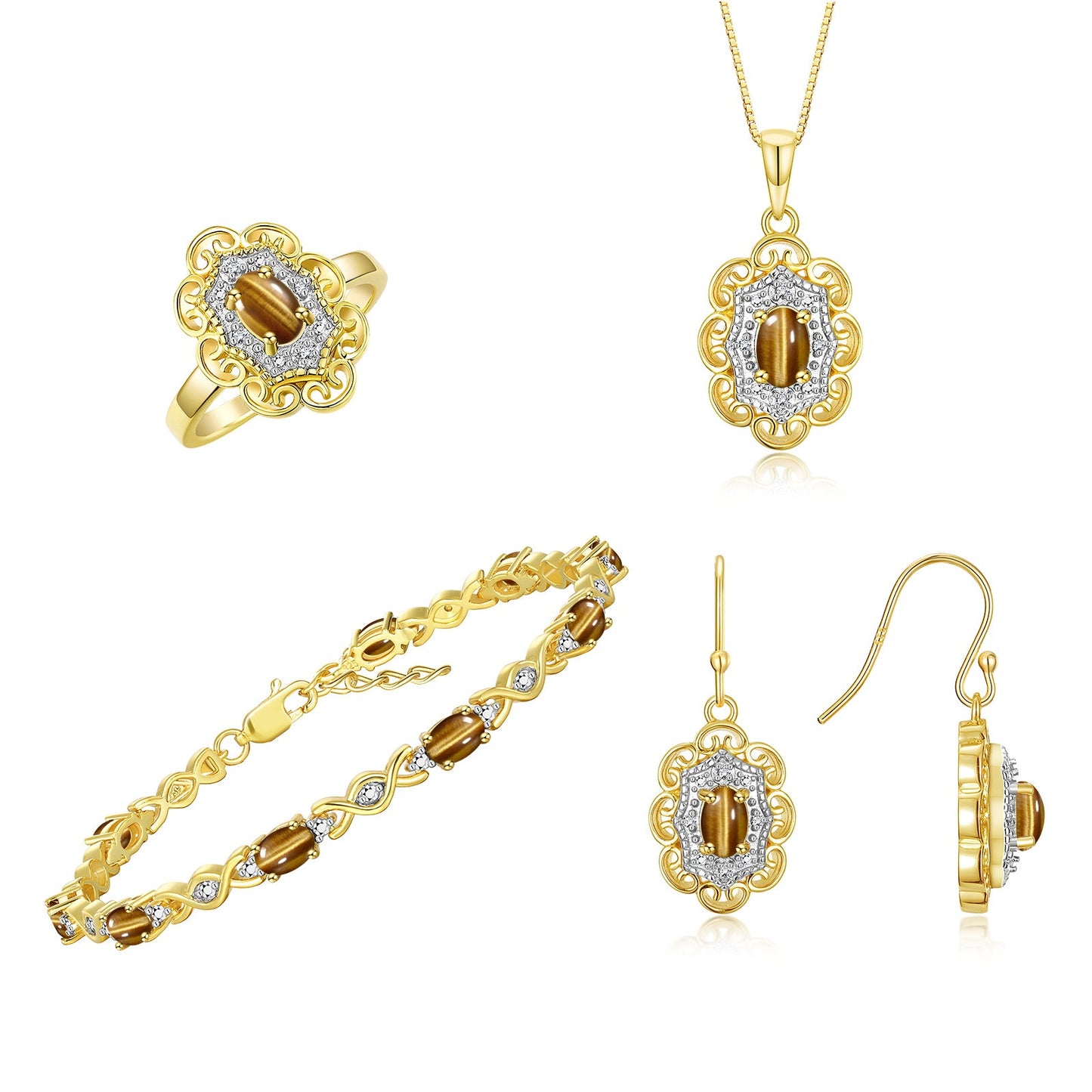 RYLOS Matching Jewelry Set Floral Design: Yellow Gold Plated Silver Tennis Bracelet, Earrings, Ring & Necklace. Gemstone & Diamonds, 7"-8" Adjustable Wrist, 18" Chain, 4-Pieces Matched, Birthstone Ring Size 5-10