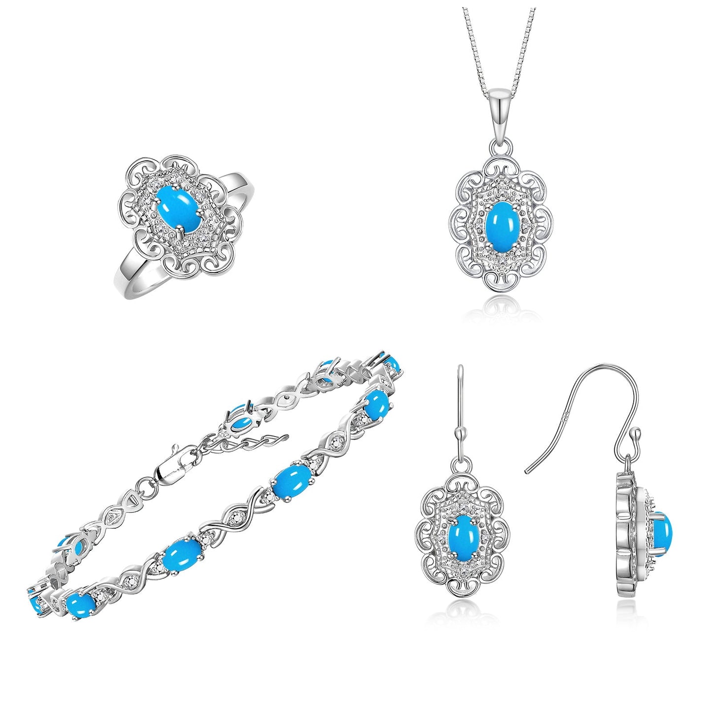 RYLOS Matching Jewelry Set Floral Design: Sterling Silver Tennis Bracelet, Earrings, Ring & Necklace. Gemstone & Diamonds, 7 inch-8 inch Adjustable Wrist, 18 inch Chain, 4-Pieces Matched, Birthstone Ring Size 8-10