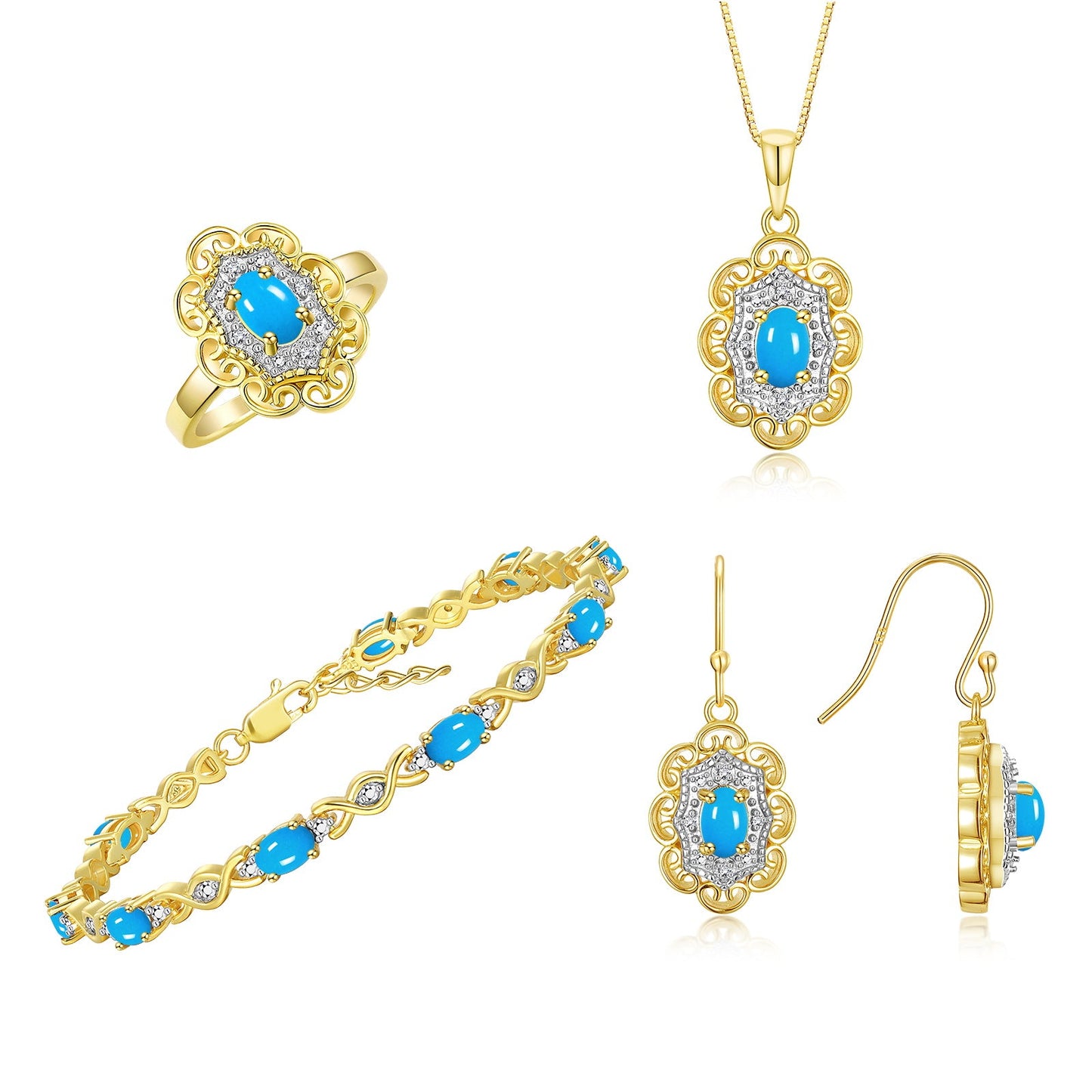 RYLOS Matching Jewelry Set Floral Design: Yellow Gold Plated Silver Tennis Bracelet, Earrings, Ring & Necklace. Gemstone & Diamonds, 7"-8" Adjustable Wrist, 18" Chain, 4-Pieces Matched, Birthstone Ring Size 5-10