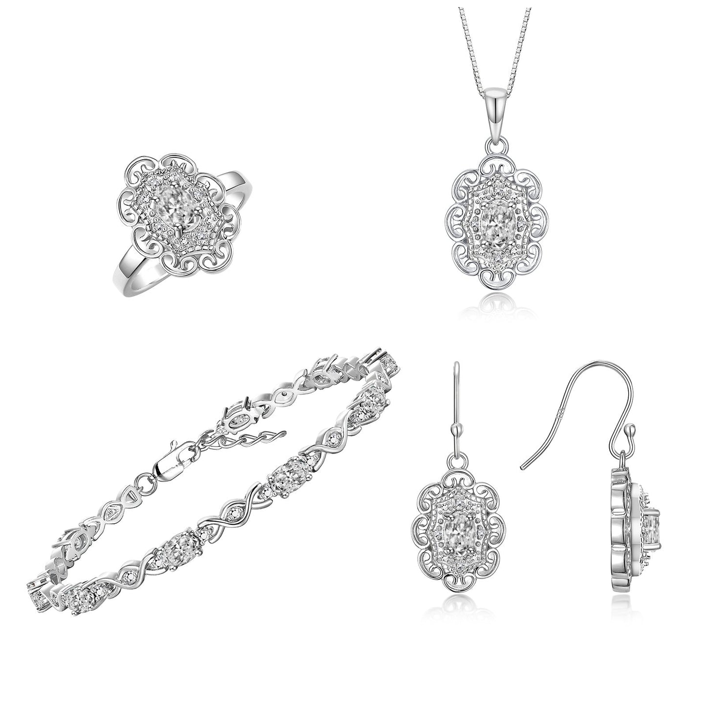 RYLOS Matching Jewelry Set Floral Design: Sterling Silver Tennis Bracelet, Earrings, Ring & Necklace. Gemstone & Diamonds, 7 inch-8 inch Adjustable Wrist, 18 inch Chain, 4-Pieces Matched, Birthstone Ring Size 8-10
