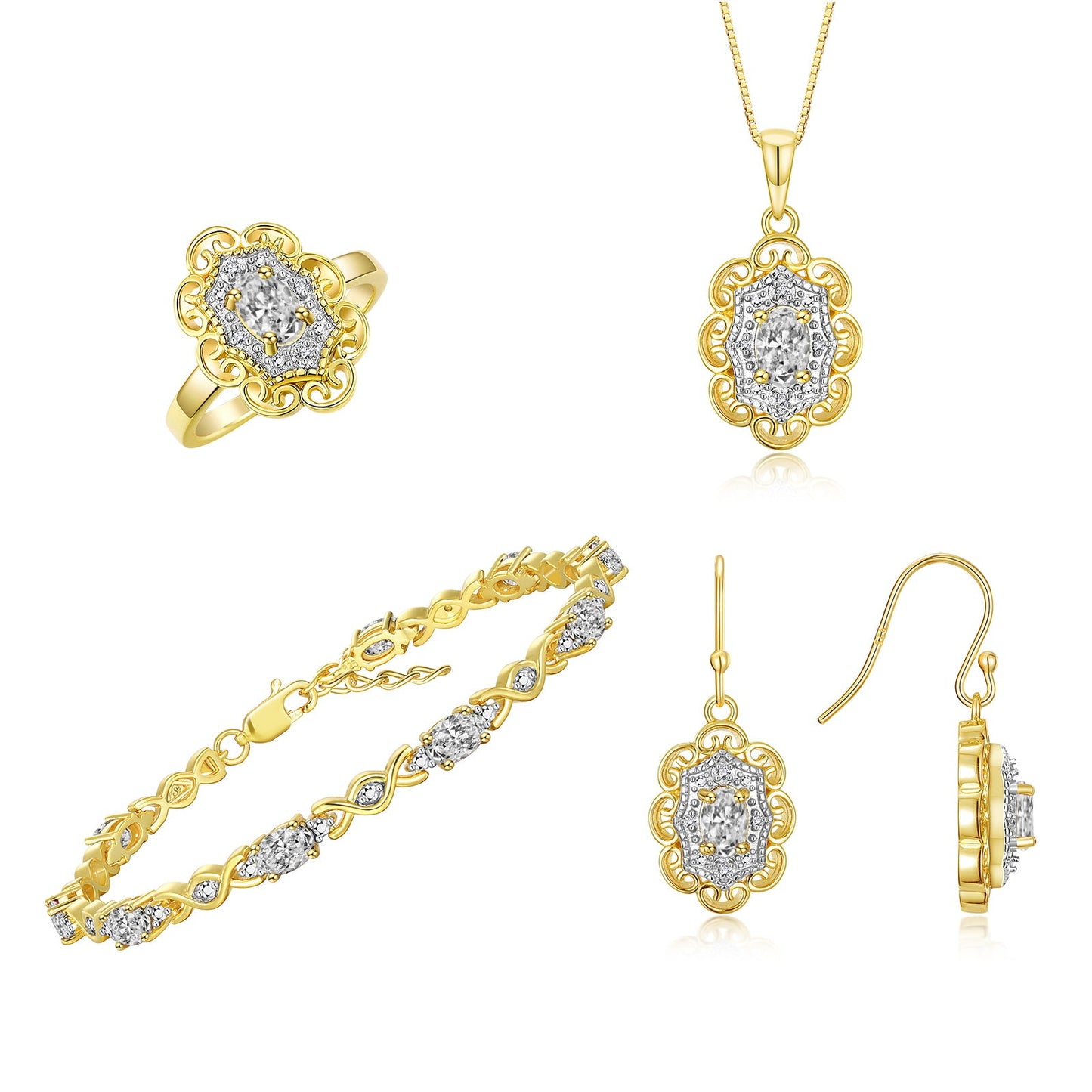 RYLOS Matching Jewelry Set Floral Design: Yellow Gold Plated Silver Tennis Bracelet, Earrings, Ring & Necklace. Gemstone & Diamonds, 7"-8" Adjustable Wrist, 18" Chain, 4-Pieces Matched, Birthstone Ring Size 5-10