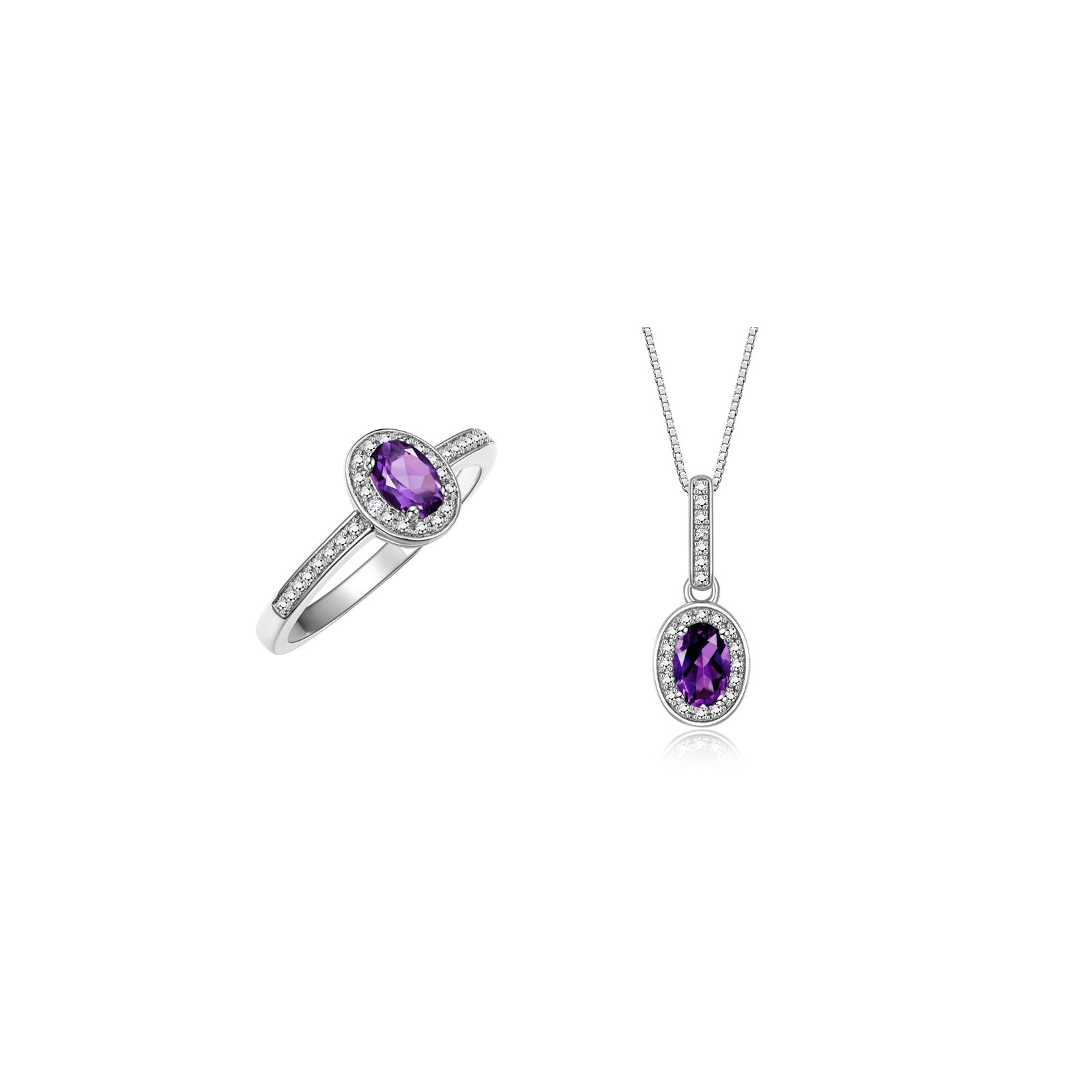 RYLOS Matching Jewelry Sterling Silver Halo Pendant Necklace & Matching Ring. Gemstone & Diamonds, 18" Chain. 6X4MM Birthstone. Sizes 8-10.