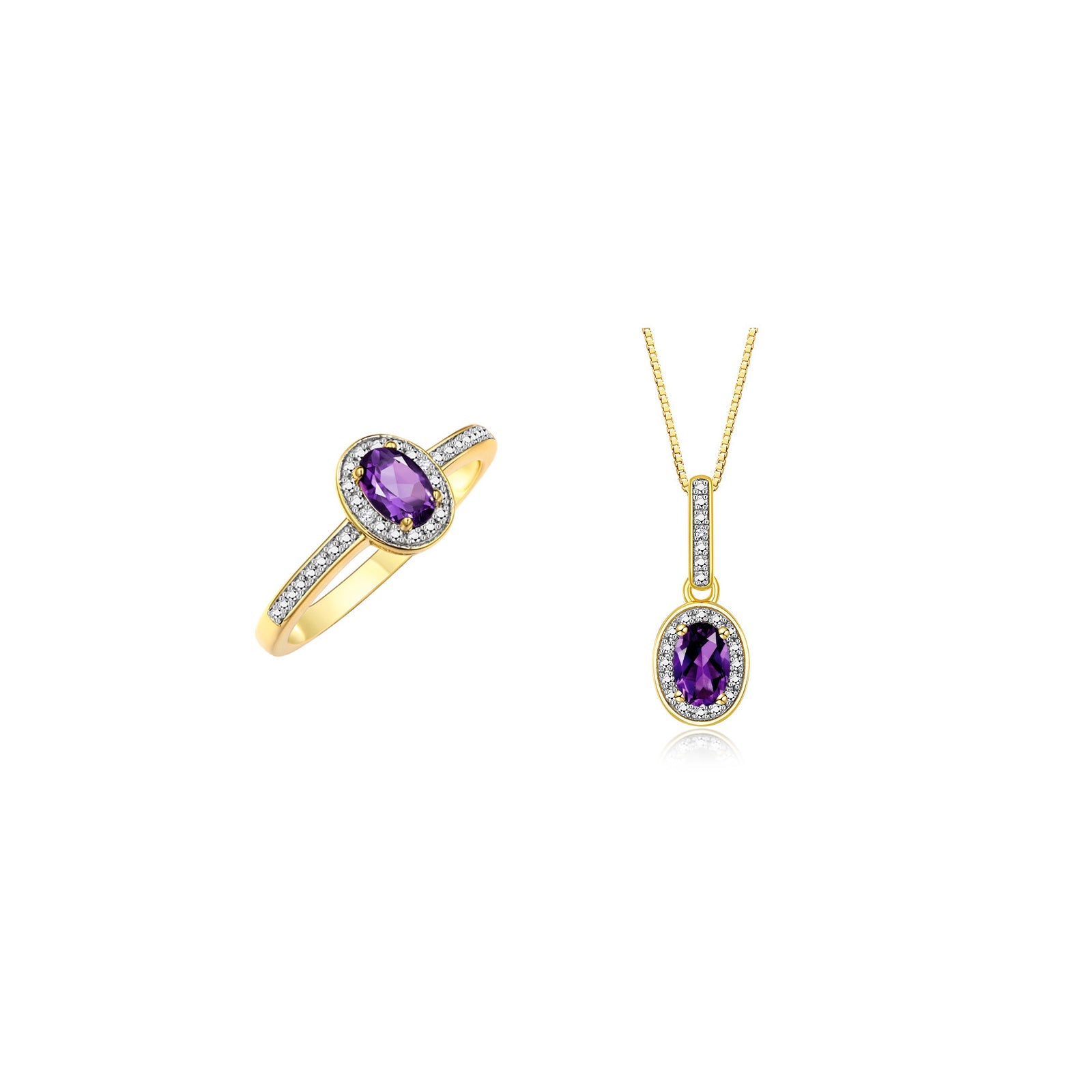 RYLOS Matching Jewelry 14K Yellow Gold Halo Pendant Necklace & Matching Ring. Gemstone & Diamonds, 18" Chain. 6X4MM Birthstone. Sizes 5-10.