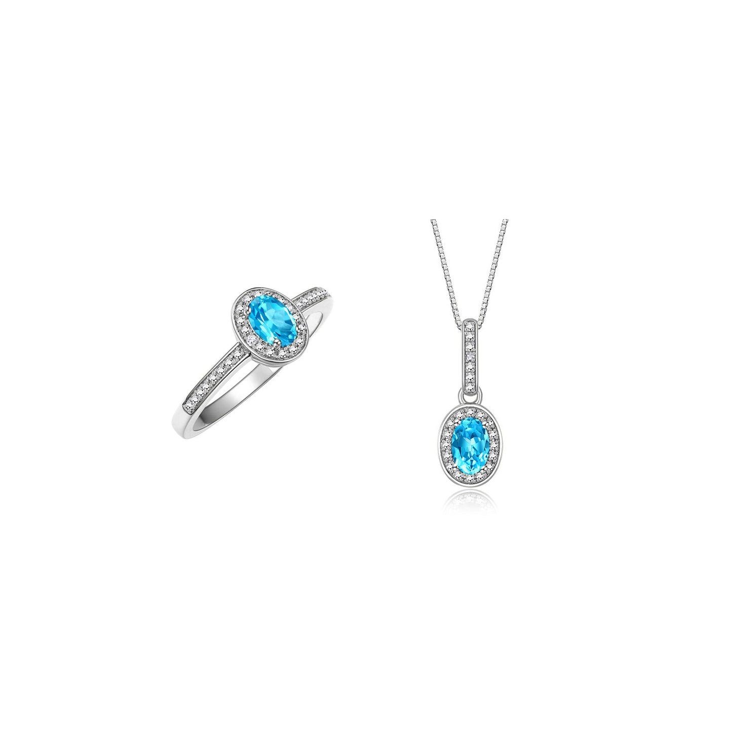 RYLOS Matching Jewelry 14K White Gold Halo Pendant Necklace & Matching Ring. Gemstone & Diamonds, 18" Chain. 6X4MM Birthstone. Sizes 5-10.