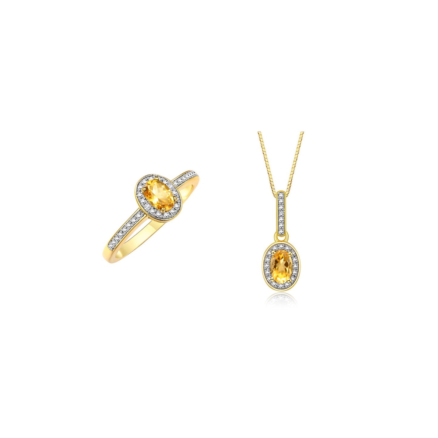 RYLOS Matching Jewelry Yellow Gold Plated Silver Halo Pendant Necklace & Matching Ring. Gemstone & Diamonds, 18" Chain. 6X4MM Birthstone. Sizes 5-10.