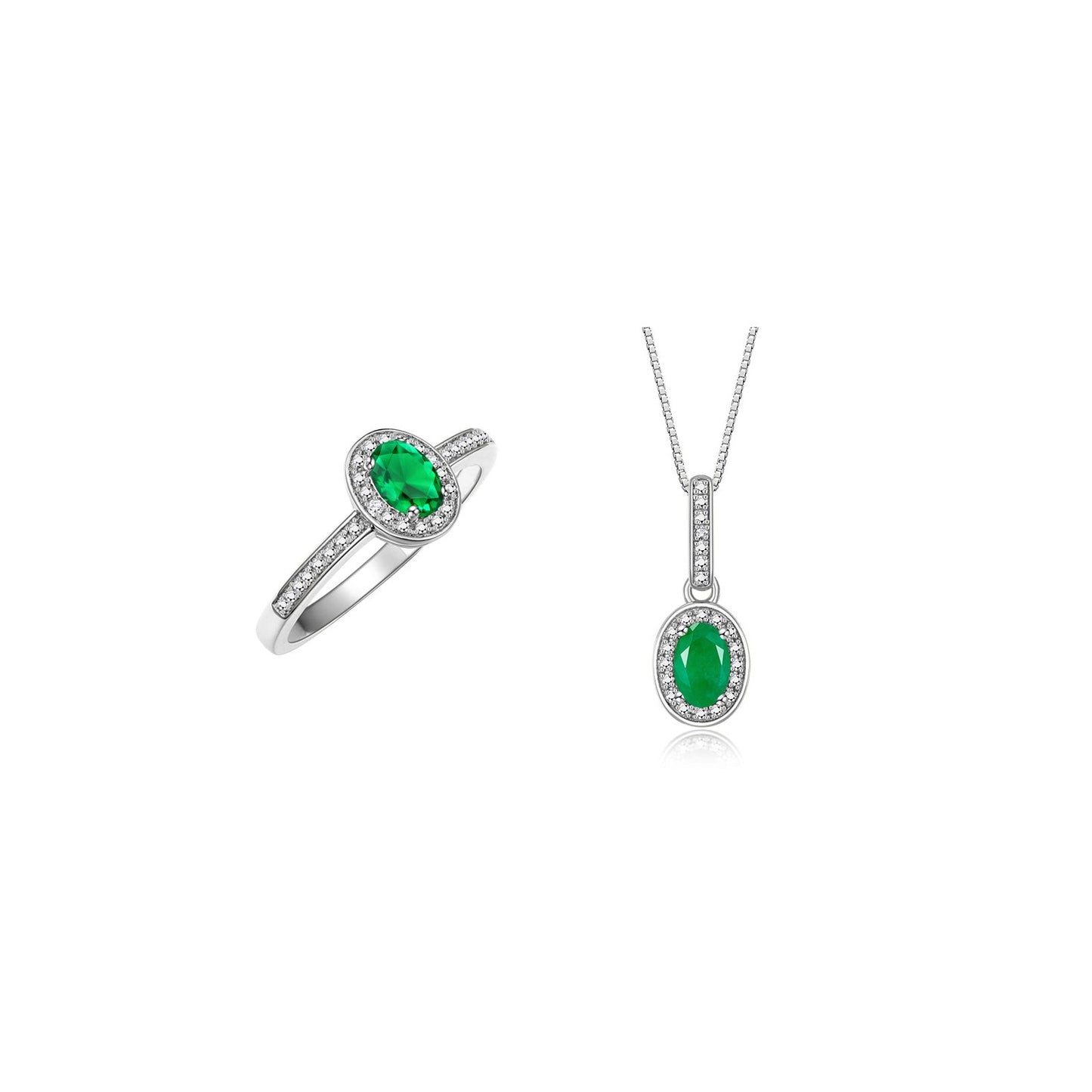 RYLOS Matching Jewelry 14K White Gold Halo Pendant Necklace & Matching Ring. Gemstone & Diamonds, 18" Chain. 6X4MM Birthstone. Sizes 5-10.