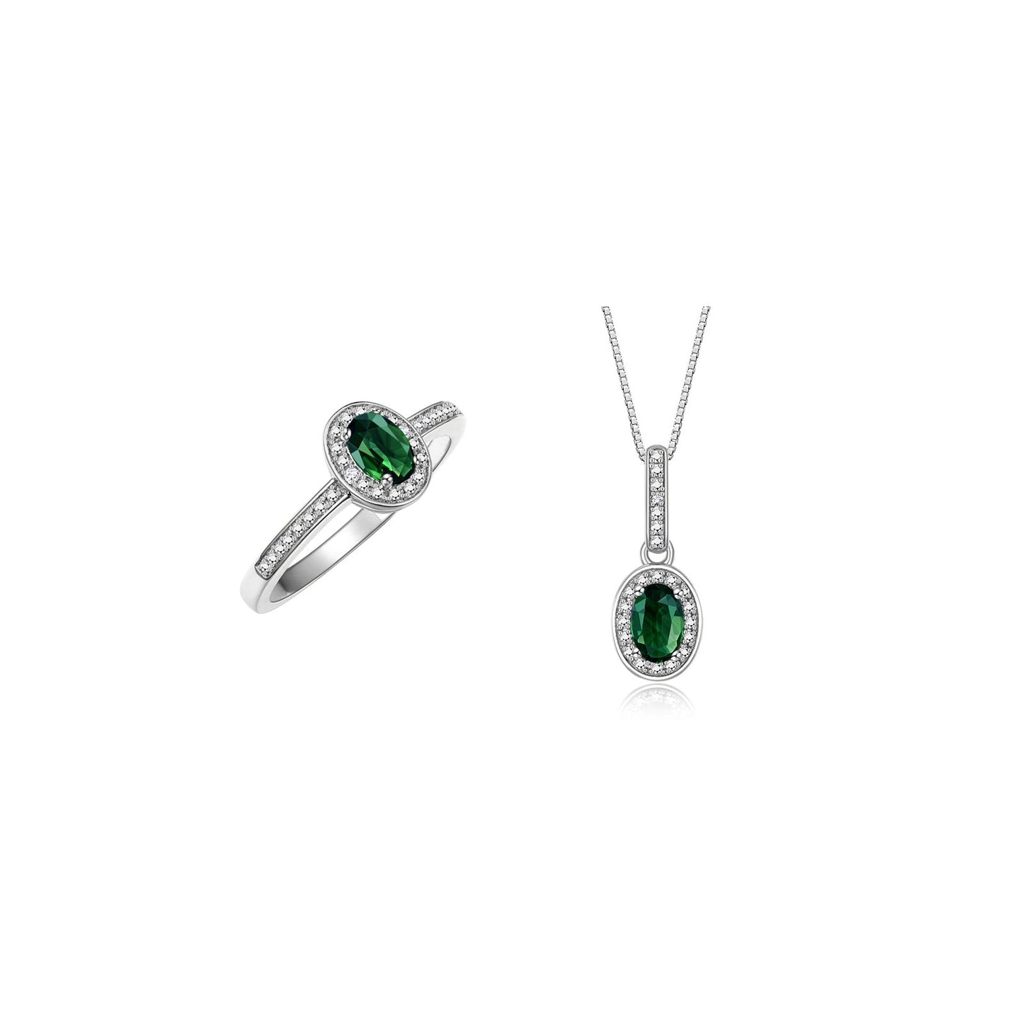 RYLOS Matching Jewelry 14K White Gold Halo Pendant Necklace & Matching Ring. Gemstone & Diamonds, 18" Chain. 6X4MM Birthstone. Sizes 5-10.