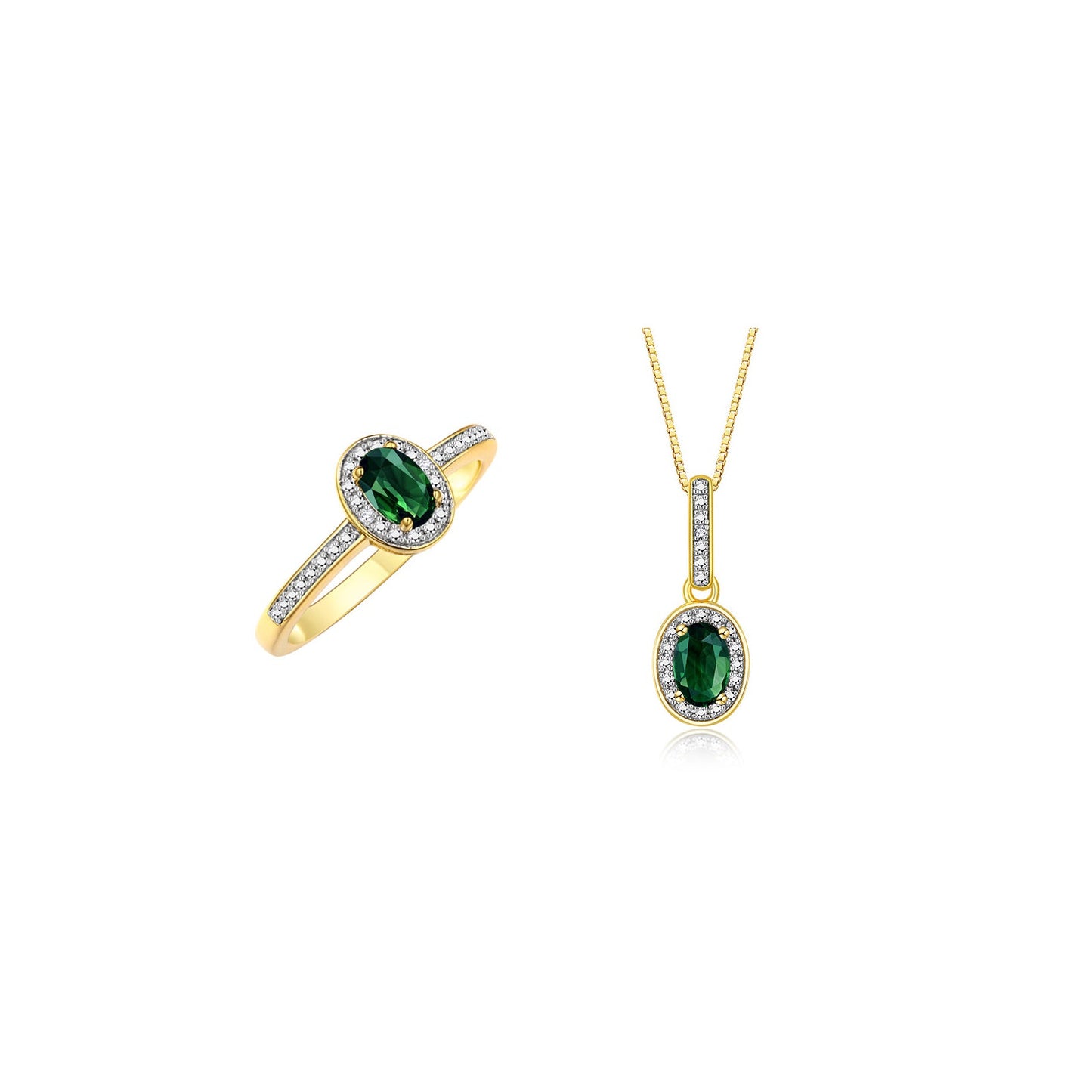 RYLOS Matching Jewelry Yellow Gold Plated Silver Halo Pendant Necklace & Matching Ring. Gemstone & Diamonds, 18" Chain. 6X4MM Birthstone. Sizes 5-10.