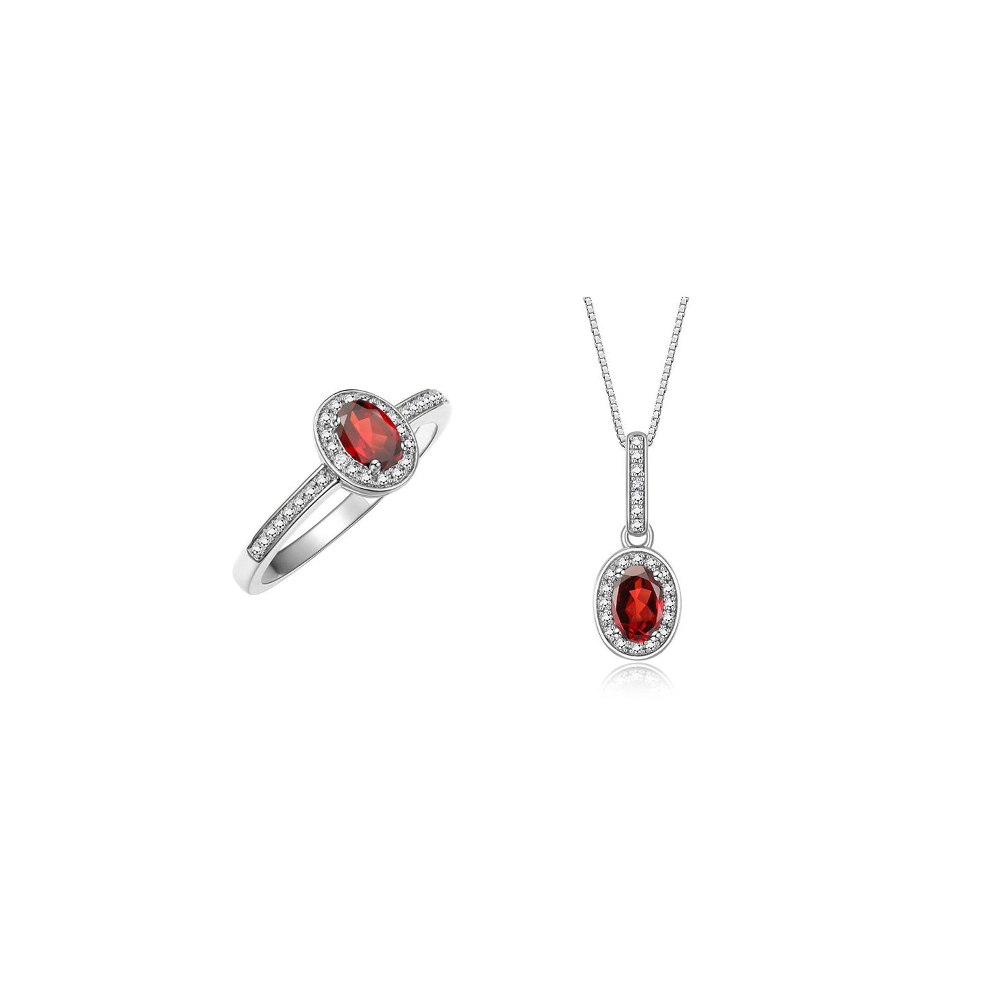 RYLOS Matching Jewelry 14K White Gold Halo Pendant Necklace & Matching Ring. Gemstone & Diamonds, 18" Chain. 6X4MM Birthstone. Sizes 5-10.