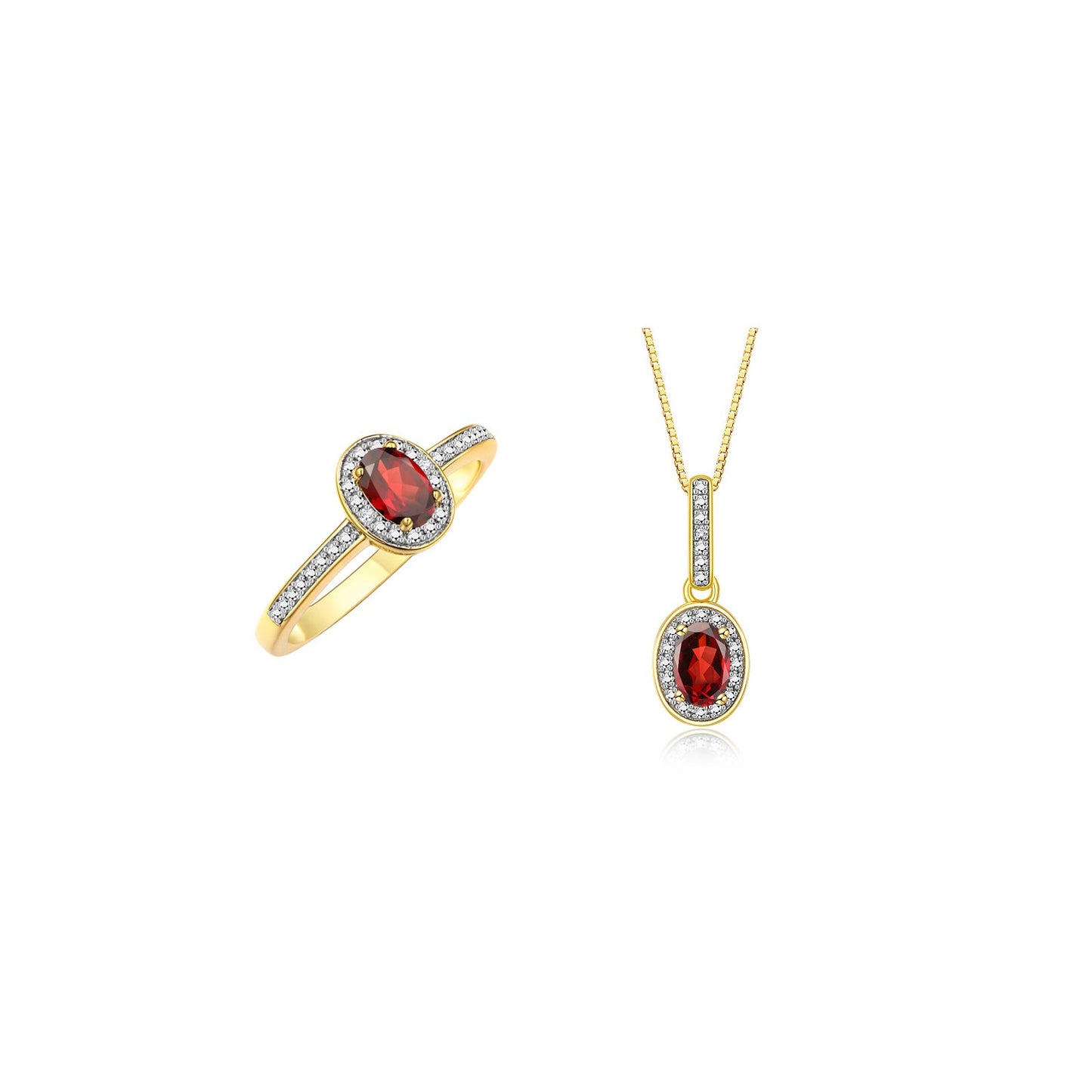 RYLOS Matching Jewelry Yellow Gold Plated Silver Halo Pendant Necklace & Matching Ring. Gemstone & Diamonds, 18" Chain. 6X4MM Birthstone. Sizes 5-10.