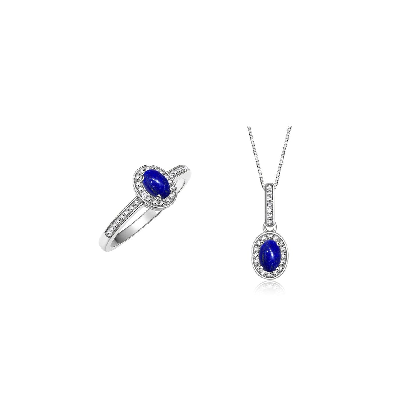 RYLOS Matching Jewelry 14K White Gold Halo Pendant Necklace & Matching Ring. Gemstone & Diamonds, 18" Chain. 6X4MM Birthstone. Sizes 5-10.