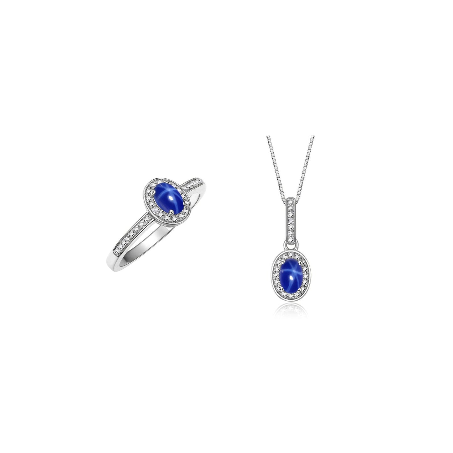 RYLOS Matching Jewelry Sterling Silver Halo Pendant Necklace & Matching Ring. Gemstone & Diamonds, 18" Chain. 6X4MM Birthstone. Sizes 5-10.