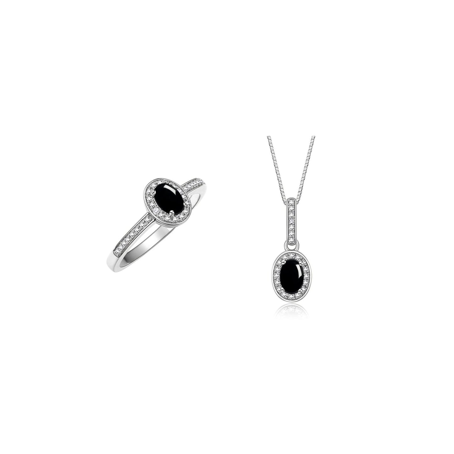 RYLOS Matching Jewelry Sterling Silver Halo Pendant Necklace & Matching Ring. Gemstone & Diamonds, 18" Chain. 6X4MM Birthstone. Sizes 5-10.