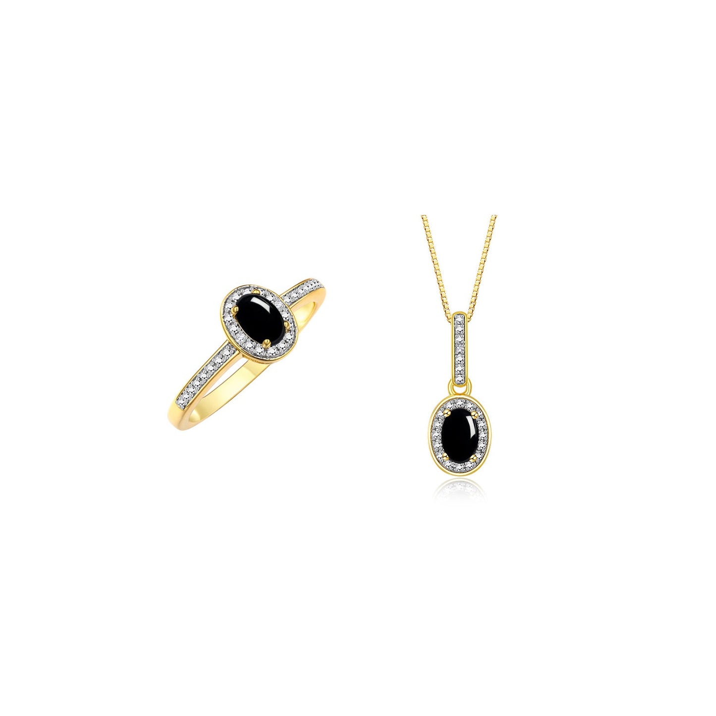 RYLOS Matching Jewelry 14K Yellow Gold Halo Pendant Necklace & Matching Ring. Gemstone & Diamonds, 18" Chain. 6X4MM Birthstone. Sizes 5-10.