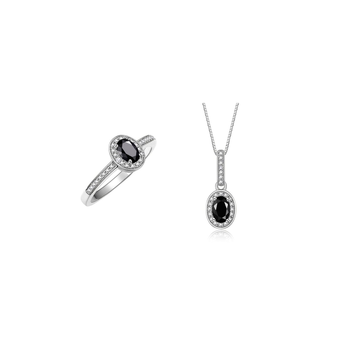 RYLOS Matching Jewelry Sterling Silver Halo Pendant Necklace & Matching Ring. Gemstone & Diamonds, 18" Chain. 6X4MM Birthstone. Sizes 5-10.
