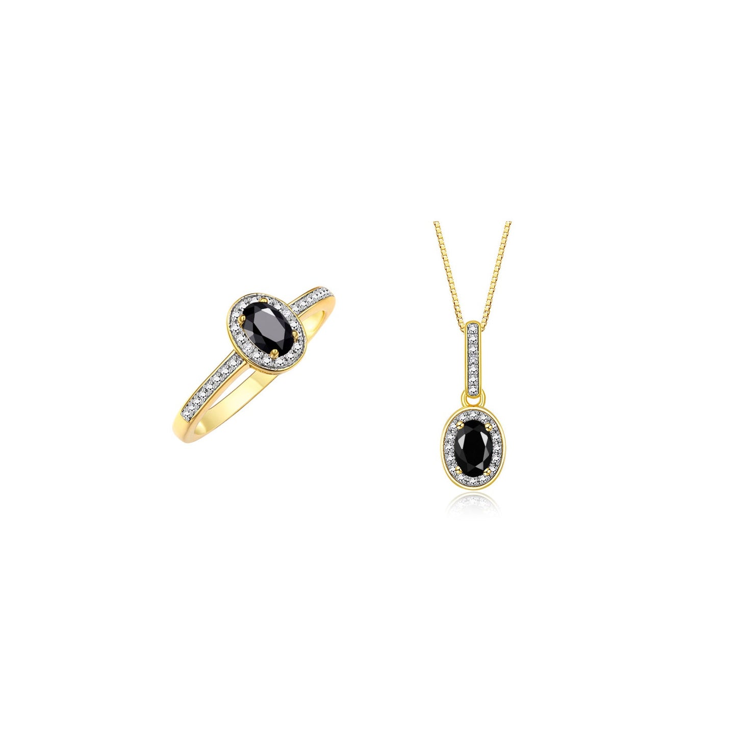 RYLOS Matching Jewelry 14K Yellow Gold Halo Pendant Necklace & Matching Ring. Gemstone & Diamonds, 18" Chain. 6X4MM Birthstone. Sizes 5-10.
