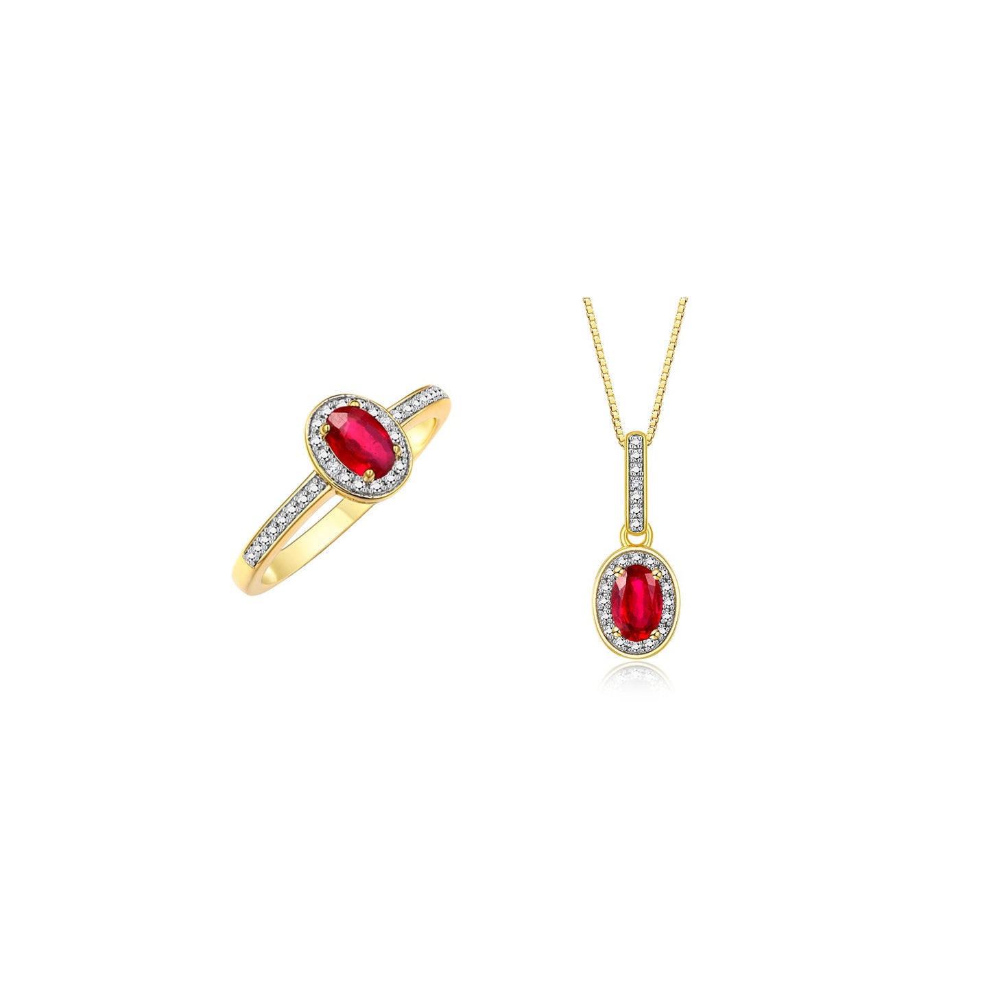 RYLOS Matching Jewelry Yellow Gold Plated Silver Halo Pendant Necklace & Matching Ring. Gemstone & Diamonds, 18" Chain. 6X4MM Birthstone. Sizes 5-10.