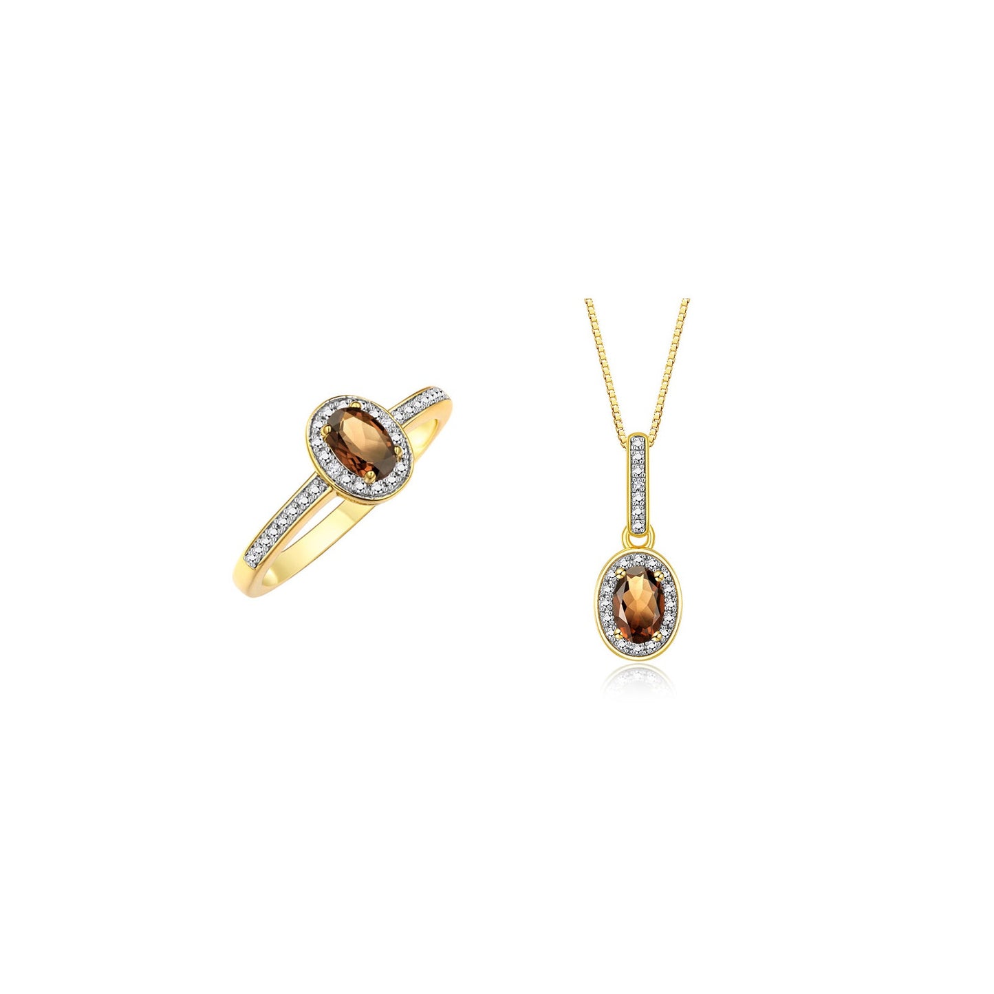 RYLOS Matching Jewelry Yellow Gold Plated Silver Halo Pendant Necklace & Matching Ring. Gemstone & Diamonds, 18" Chain. 6X4MM Birthstone. Sizes 5-10.