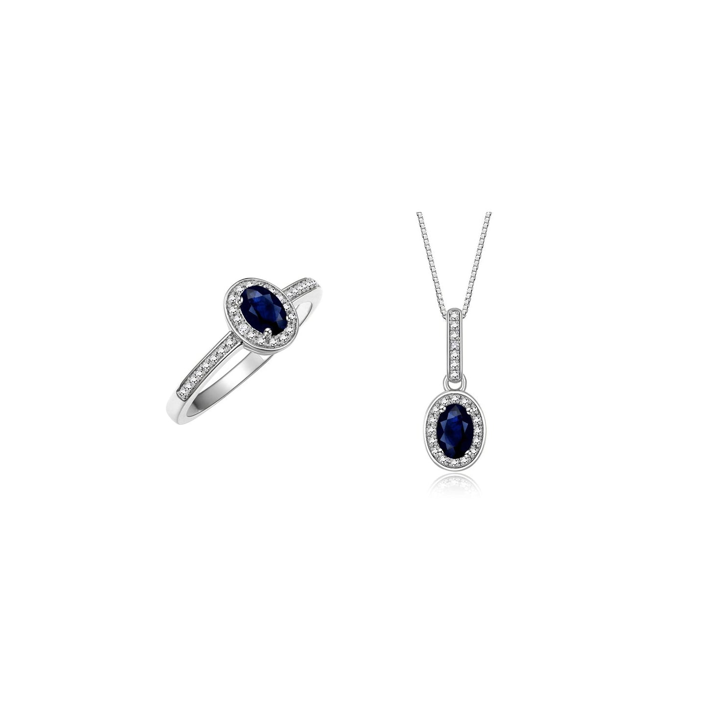 RYLOS Matching Jewelry Sterling Silver Halo Pendant Necklace & Matching Ring. Gemstone & Diamonds, 18" Chain. 6X4MM Birthstone. Sizes 5-10.