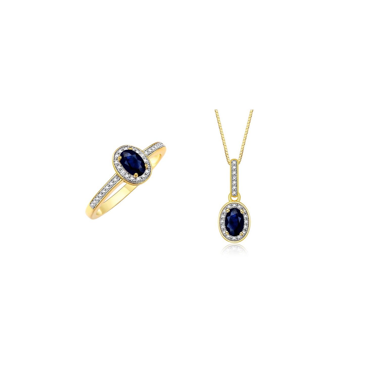 RYLOS Matching Jewelry 14K Yellow Gold Halo Pendant Necklace & Matching Ring. Gemstone & Diamonds, 18" Chain. 6X4MM Birthstone. Sizes 5-10.