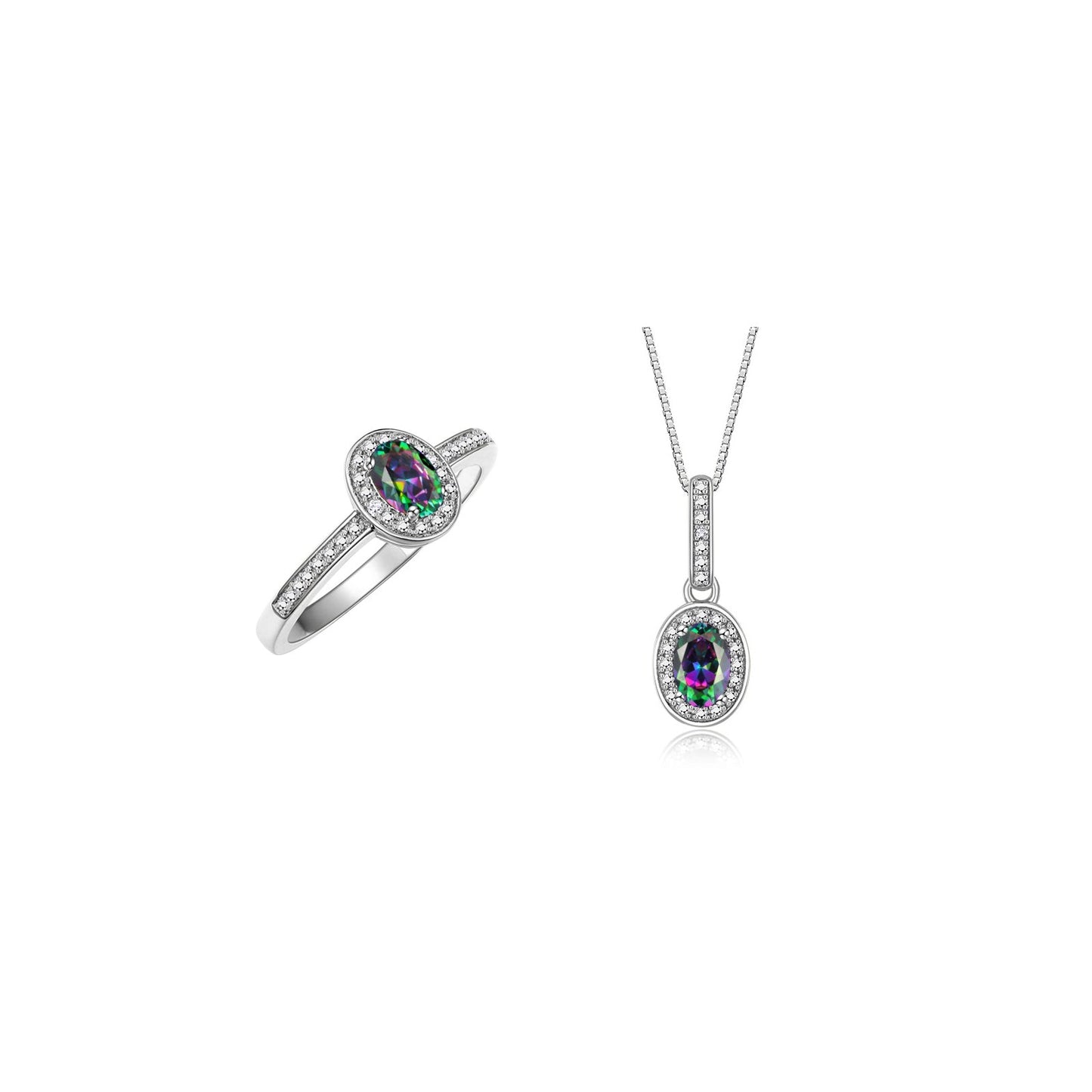 RYLOS Matching Jewelry Sterling Silver Halo Pendant Necklace & Matching Ring. Gemstone & Diamonds, 18" Chain. 6X4MM Birthstone. Sizes 5-10.