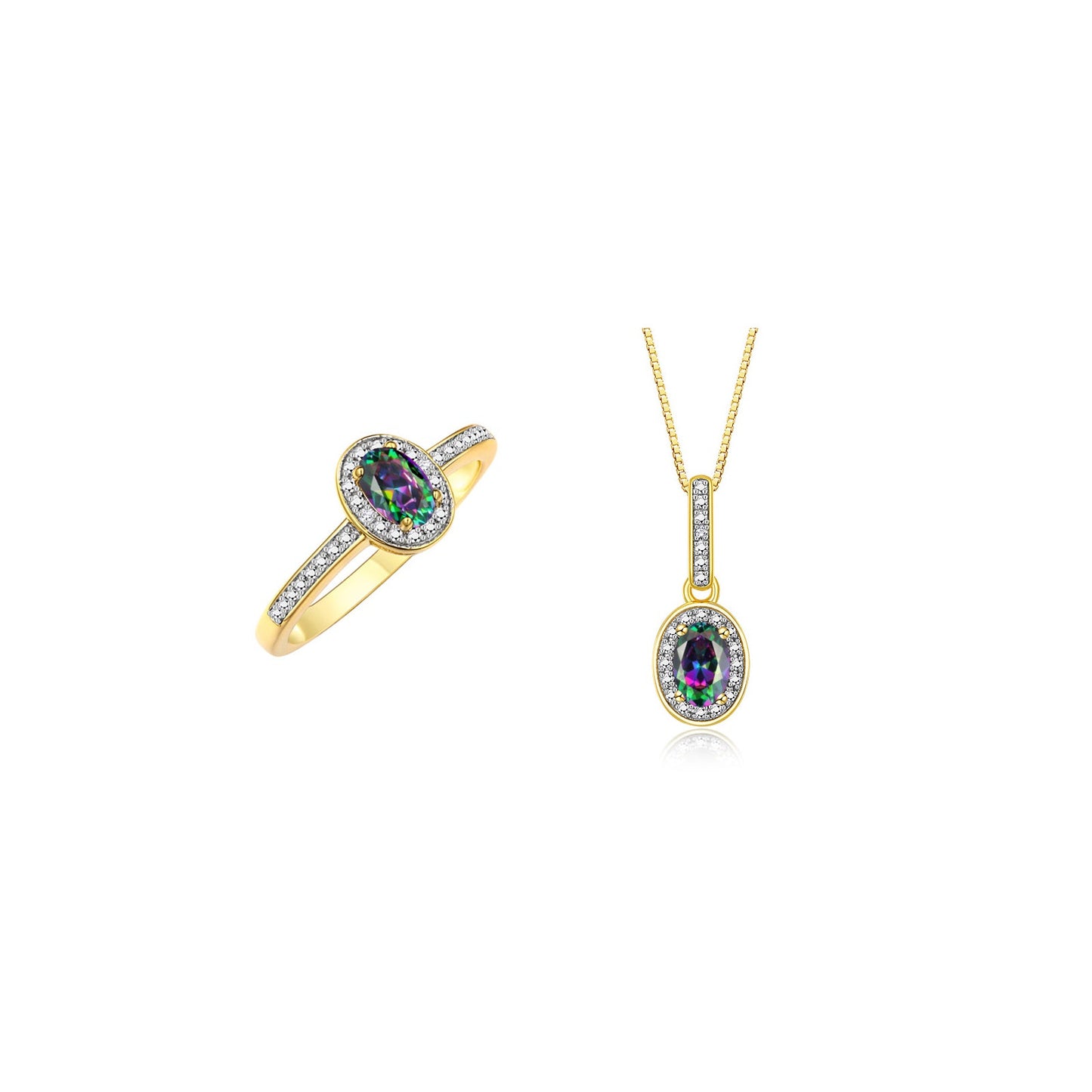RYLOS Matching Jewelry Yellow Gold Plated Silver Halo Pendant Necklace & Matching Ring. Gemstone & Diamonds, 18" Chain. 6X4MM Birthstone. Sizes 5-10.