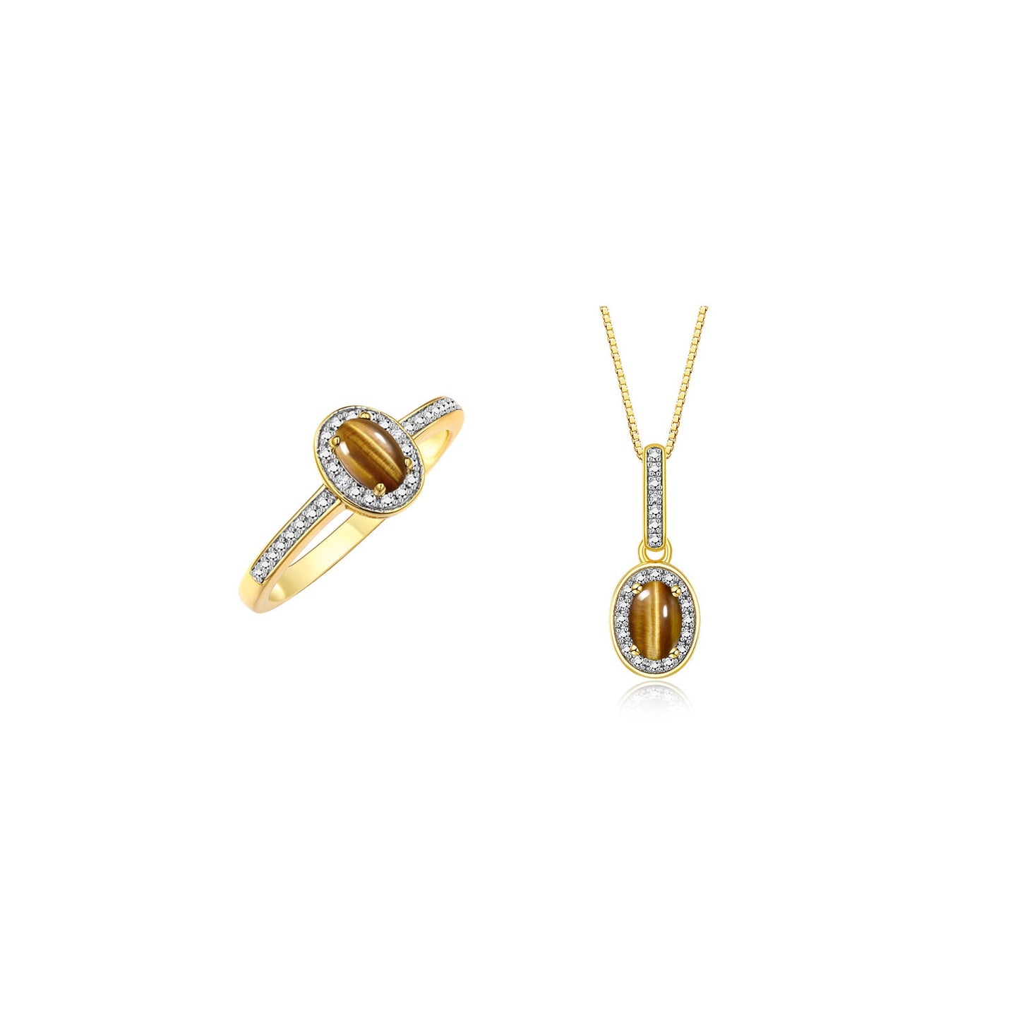 RYLOS Matching Jewelry 14K Yellow Gold Halo Pendant Necklace & Matching Ring. Gemstone & Diamonds, 18" Chain. 6X4MM Birthstone. Sizes 5-10.