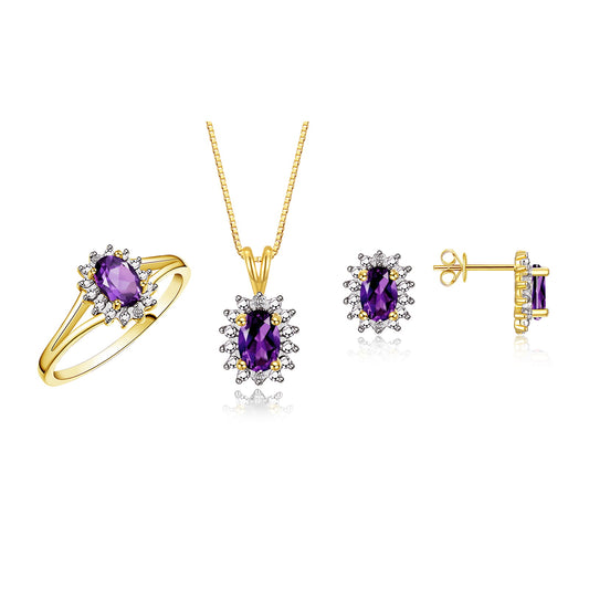 RYLOS Women's Yellow Gold Plated Silver Birthstone Set: Ring, Earring & Pendant Necklace. Gemstone &  Diamonds, 6X4MM Birthstone. Perfectly Matching Friendship Jewelry. Sizes 5-10.