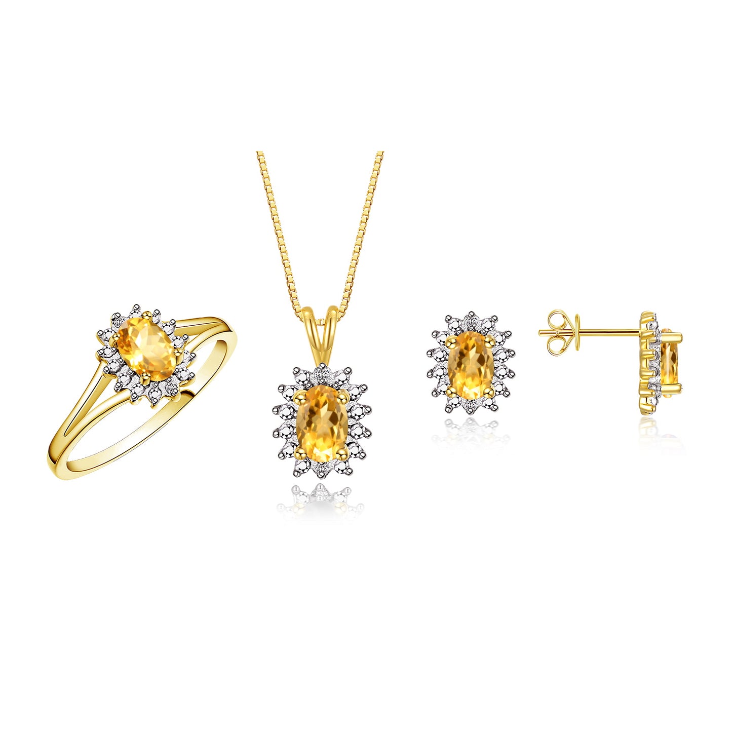 RYLOS Women's Yellow Gold Plated Silver Birthstone Set: Ring, Earring & Pendant Necklace. Gemstone &  Diamonds, 6X4MM Birthstone. Perfectly Matching Friendship Jewelry. Sizes 5-10.