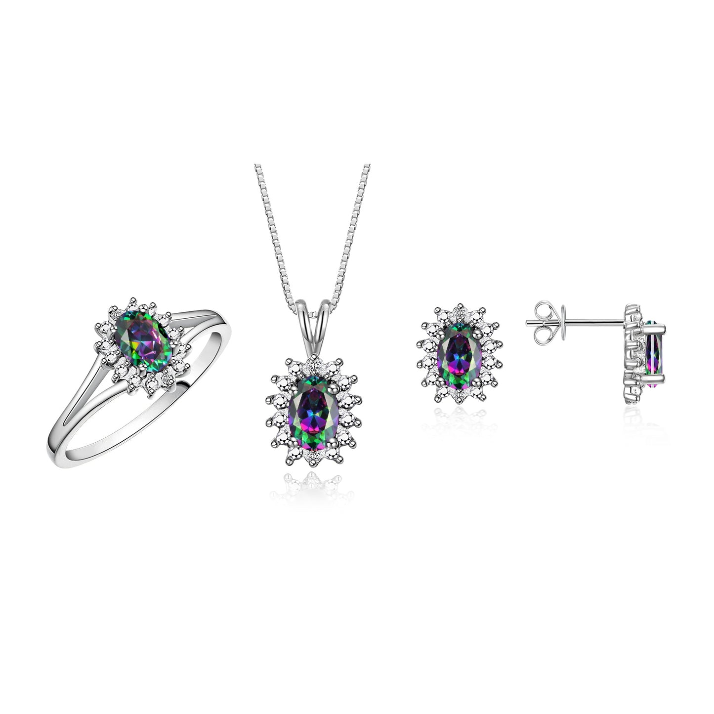 RYLOS Women's 14K White Gold Birthstone Set: Ring, Earring & Pendant Necklace. Gemstone & Diamonds, 6X4MM Birthstone. Perfectly Matching Friendship Gold Jewelry. Sizes 5-10.
