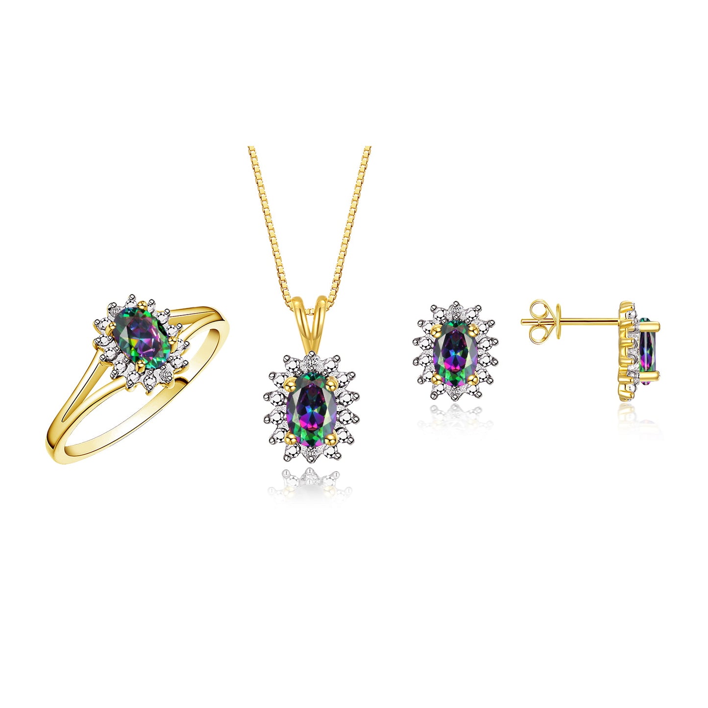 RYLOS Women's Yellow Gold Plated Silver Birthstone Set: Ring, Earring & Pendant Necklace. Gemstone &  Diamonds, 6X4MM Birthstone. Perfectly Matching Friendship Jewelry. Sizes 5-10.