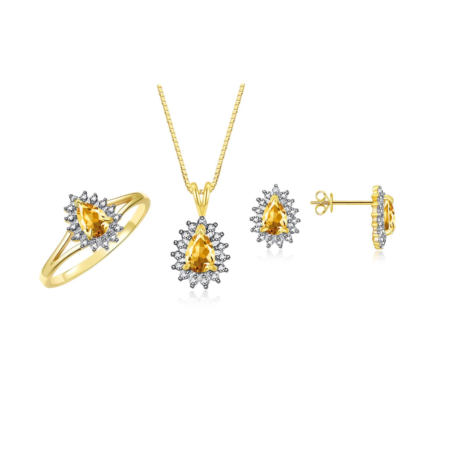 RYLOS Women's Yellow Gold Plated Silver Birthstone Set: Ring, Earring & Pendant Necklace. Gemstone & Diamonds, Pear Tear Drop Shape 6X4MM Birthstone. Perfectly Matching Friendship Jewelry. Sizes 5-10.