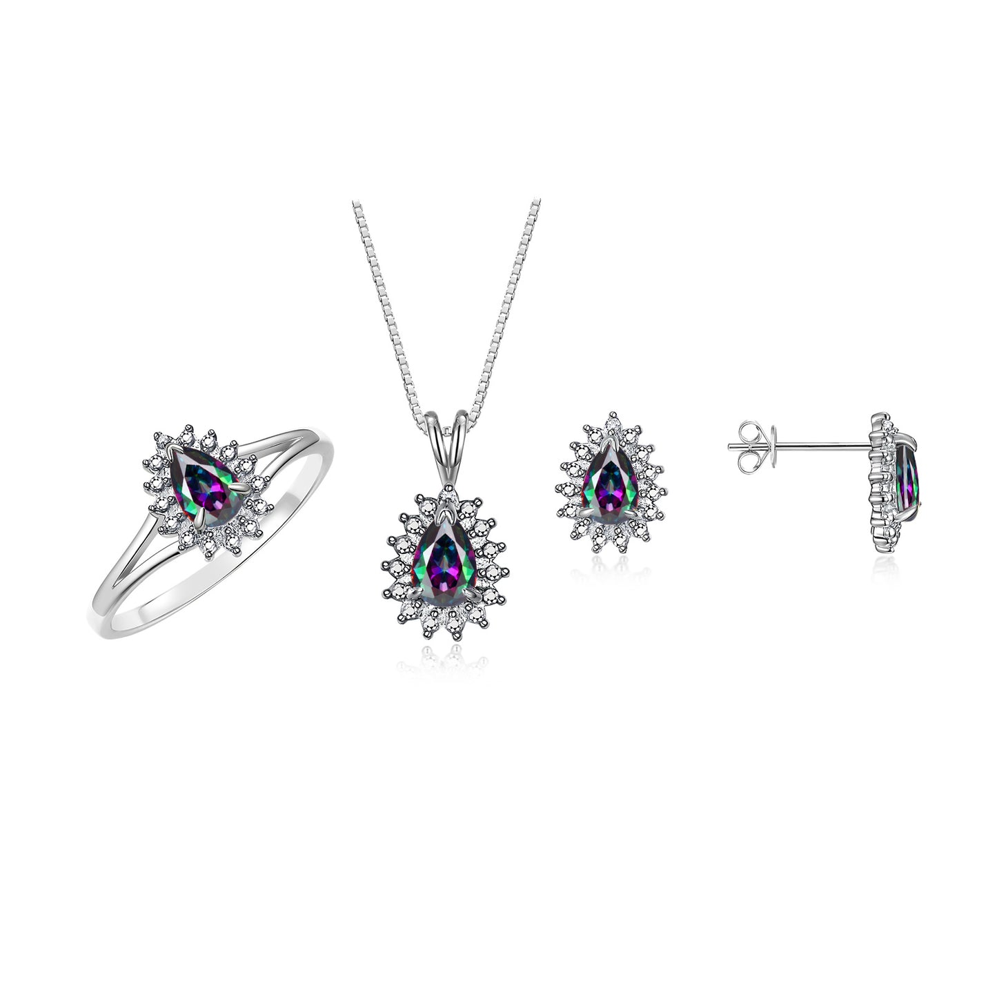 RYLOS Women's 14K White Gold Birthstone Set: Ring, Earring & Pendant Necklace. Gemstone & Diamonds, Pear Tear Drop Shape 6X4MM Birthstone. Perfectly Matching Gold Jewelry. Sizes 5-10.