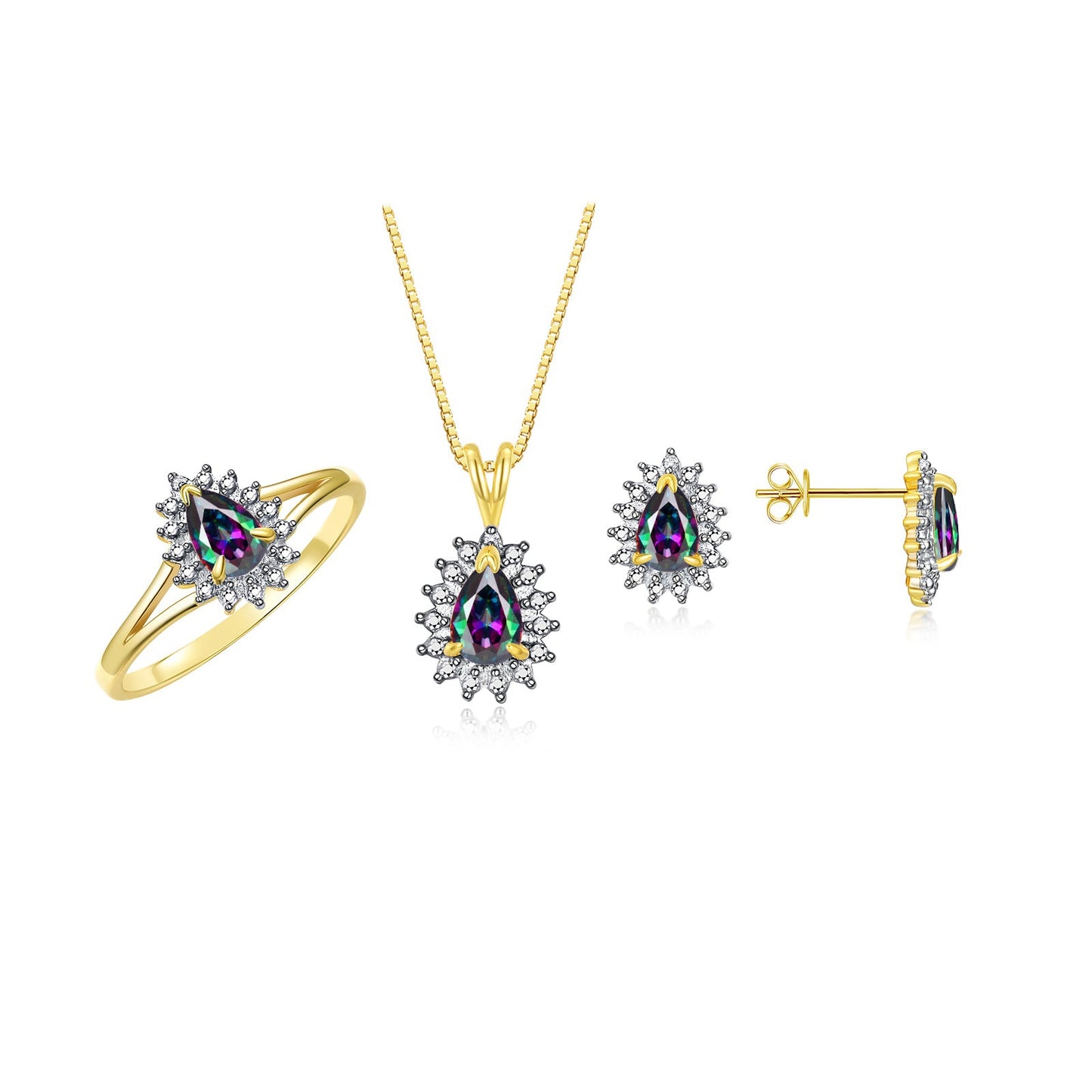 RYLOS Women's Yellow Gold Plated Silver Birthstone Set: Ring, Earring & Pendant Necklace. Gemstone & Diamonds, Pear Tear Drop Shape 6X4MM Birthstone. Perfectly Matching Friendship Jewelry. Sizes 5-10.