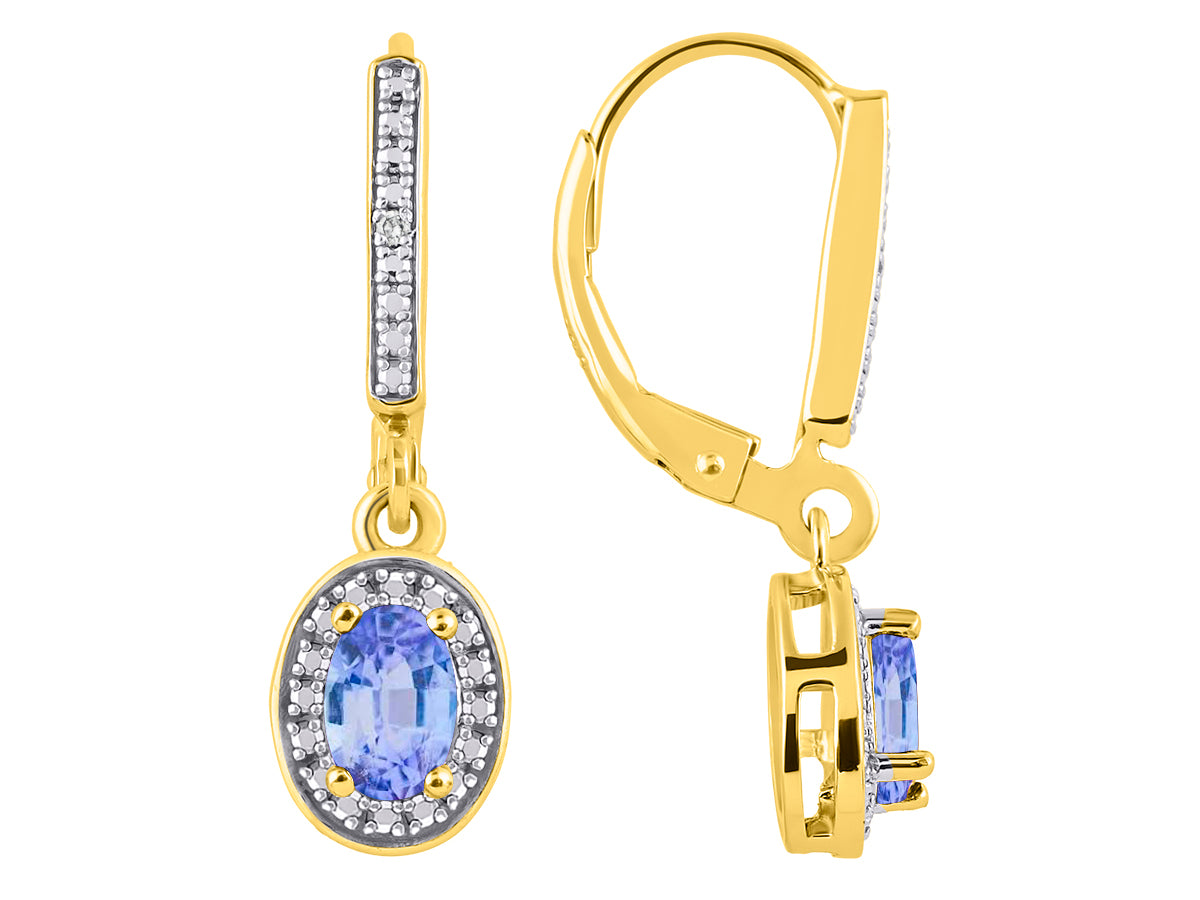 RYLOS Women's Yellow Gold Plated Dangling Earrings - Oval Shape Gemstone & Diamonds - 6X4MM Birthstone Earrings-Exquisite Color Stone Jewelry