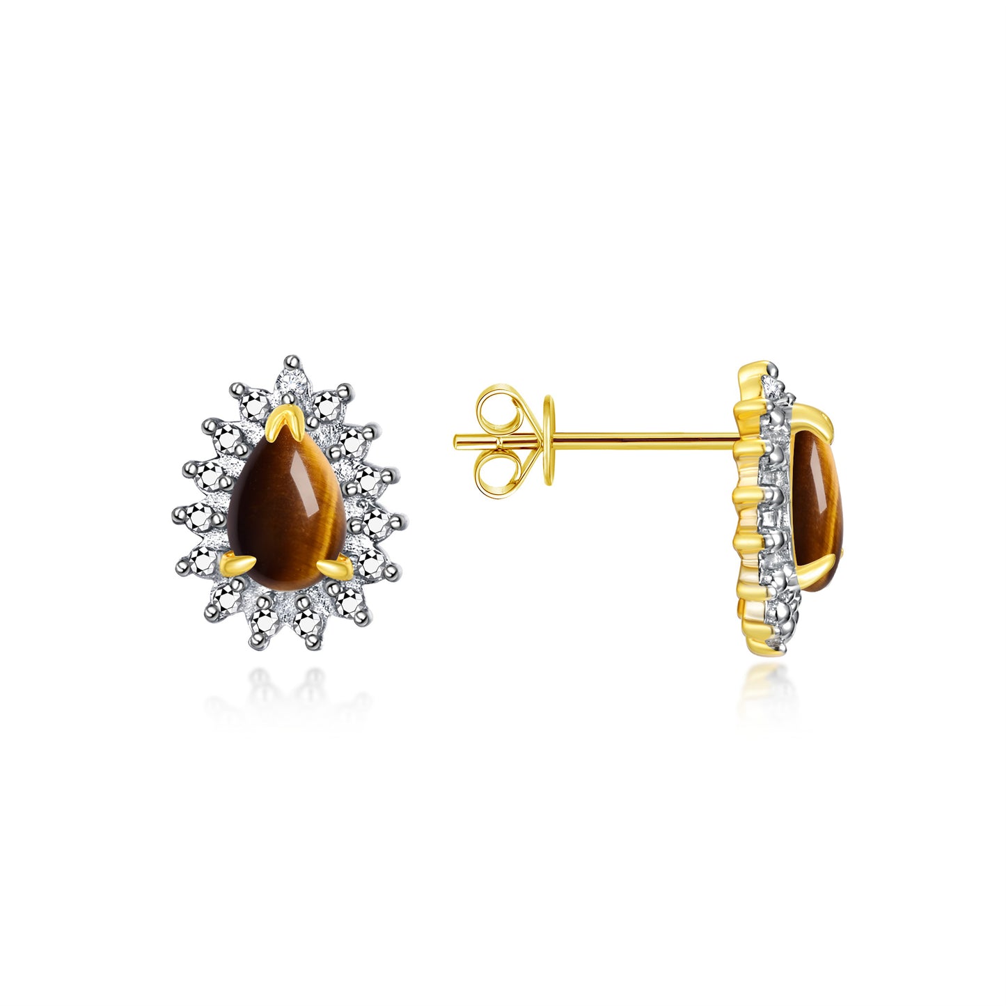 RYLOS Yellow Gold Plated Halo Stud Earrings - 6X4MM Pear Shape Gemstone & Diamonds - Exquisite Birthstone Jewelry