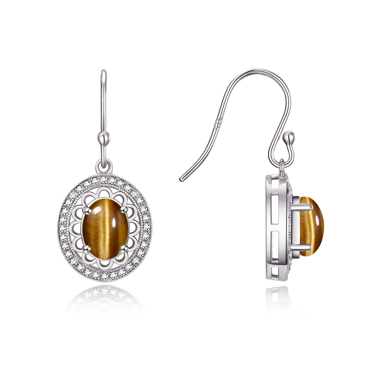 RYLOS Sterling Silver Princess Diana Inspired Earrings - Oval Shape Gemstone & Diamonds - 8X6MM Birthstone Earrings - Timeless Color Stone Jewelry