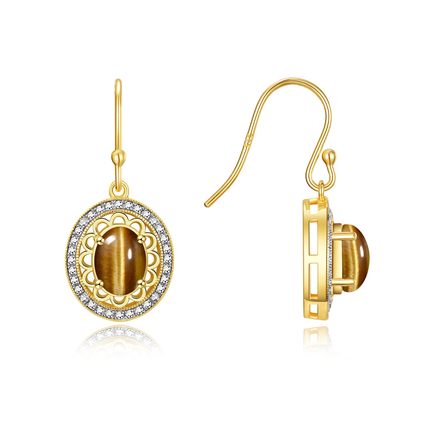 RYLOS 14K Yellow Gold Princess Diana Inspired Earrings - Oval Shape Gemstone & Diamonds - 8X6MM Birthstone Earrings - Timeless Color Stone Jewelry