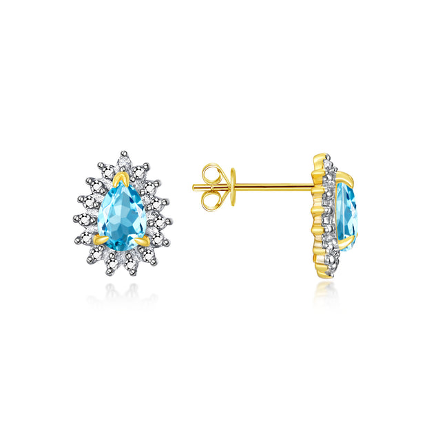 RYLOS Earrings For Women 925 Yellow Gold plated Silver Earrings Gemstone & Genuine Diamonds Stud Earrings Pear Tear Drop Shape 6X4MM  Blue Topaz  Birthstone   Jewelry For Women  Silver Earrings